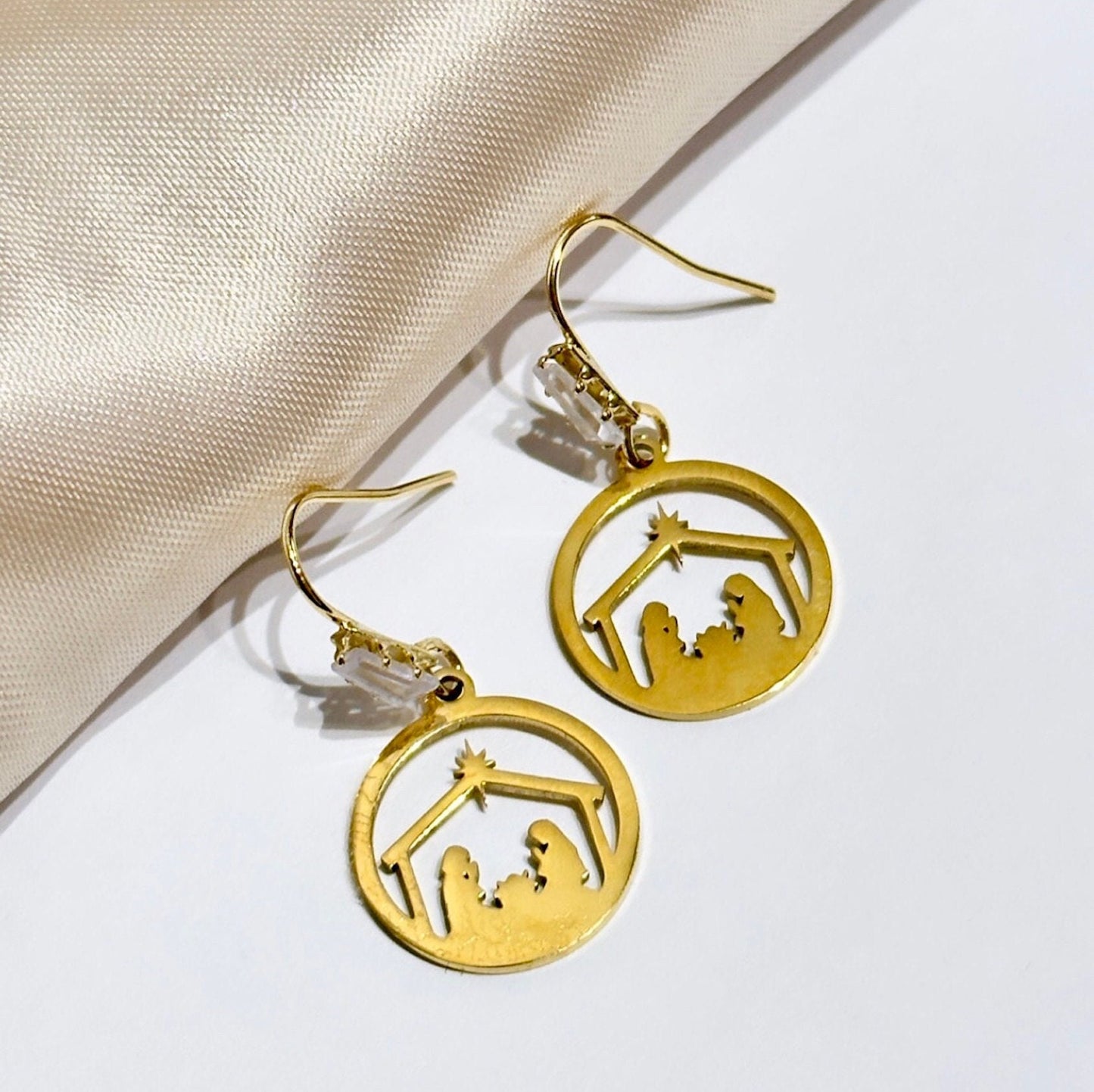 Christmas Nativity Earrings, Gold Nativity Earrings, Nativity Scene Earrings, Christmas Dangle Earrings Laser Gold Filled Christmas Earrings