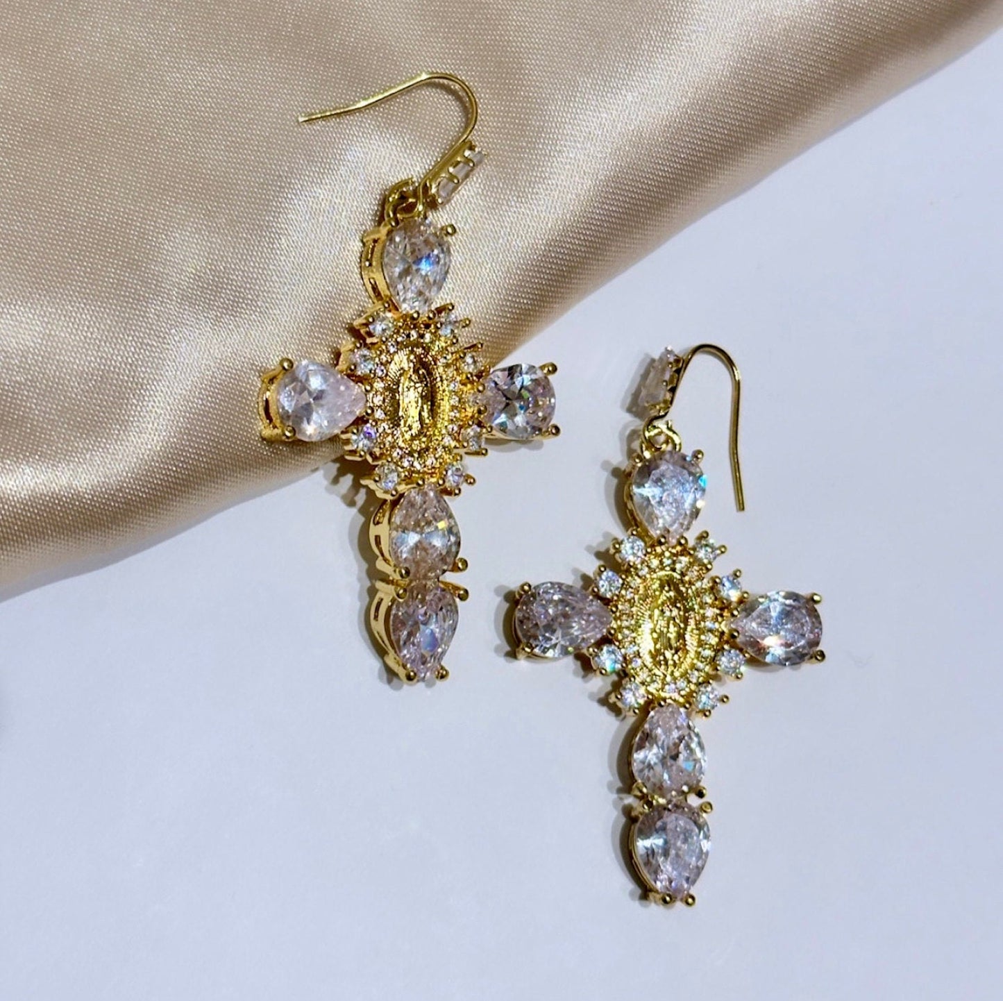 Big Cross Earrings, Cz Cross Earrings, Statement Cross Earrings, Chunky Cross Earrings, 18K Gold Cross Earrings, Virgin Mary Earrings