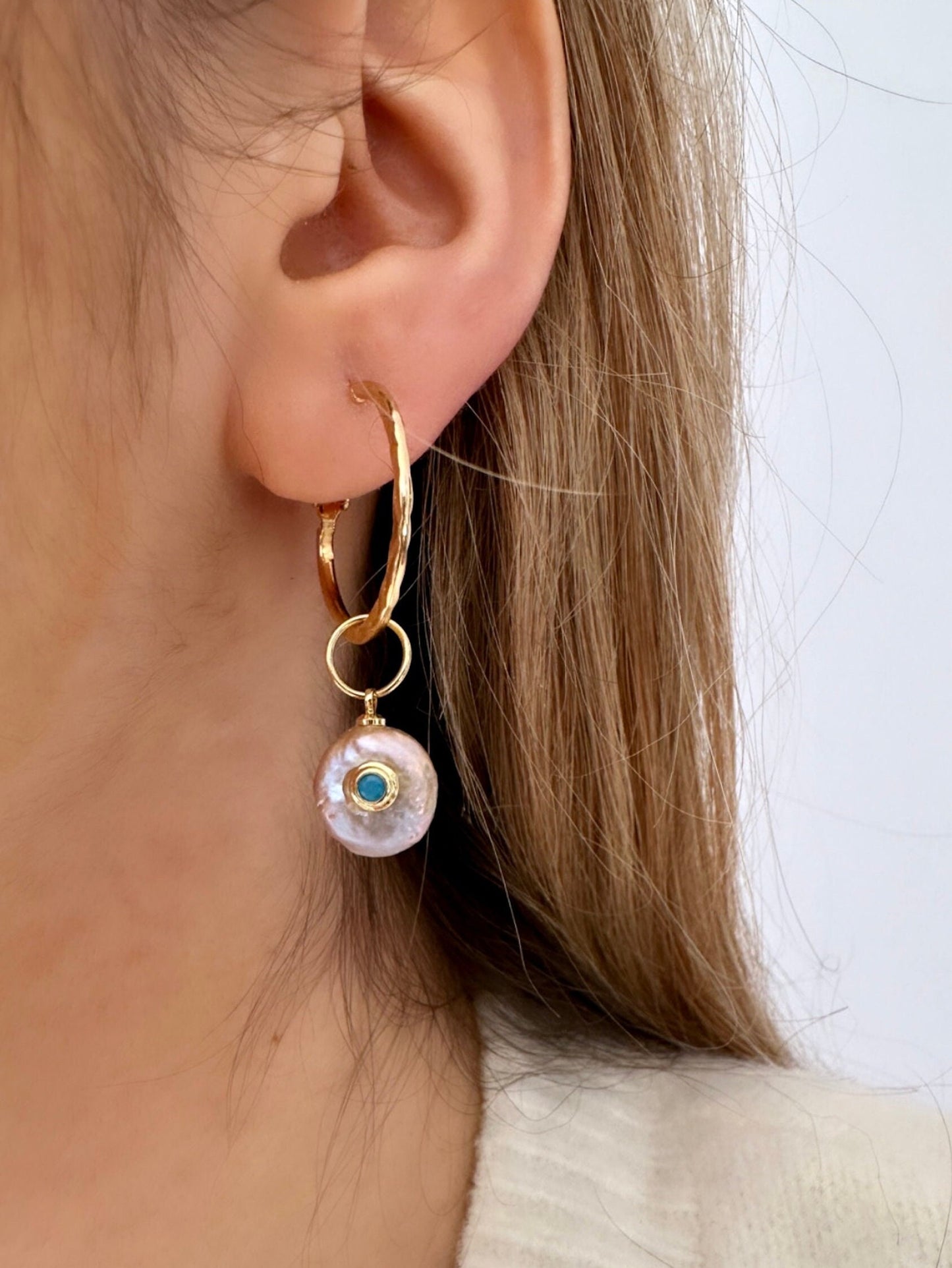 Evil Eye Pearl Earrings, Evil Eye Hoop Earrings, Freshwater Pearl Hoop Earrings, Gold Plated Hoop Earrings, Non Tarnish Gold Hoops