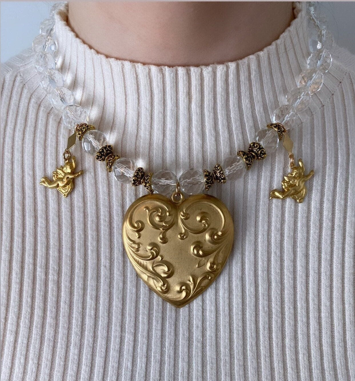 Baroque Heart Necklace, Statement Heart Necklace, Art Nouveau Heart Pendant, Chunky Bead Necklace Women, Cherub Necklace, Clear Necklace