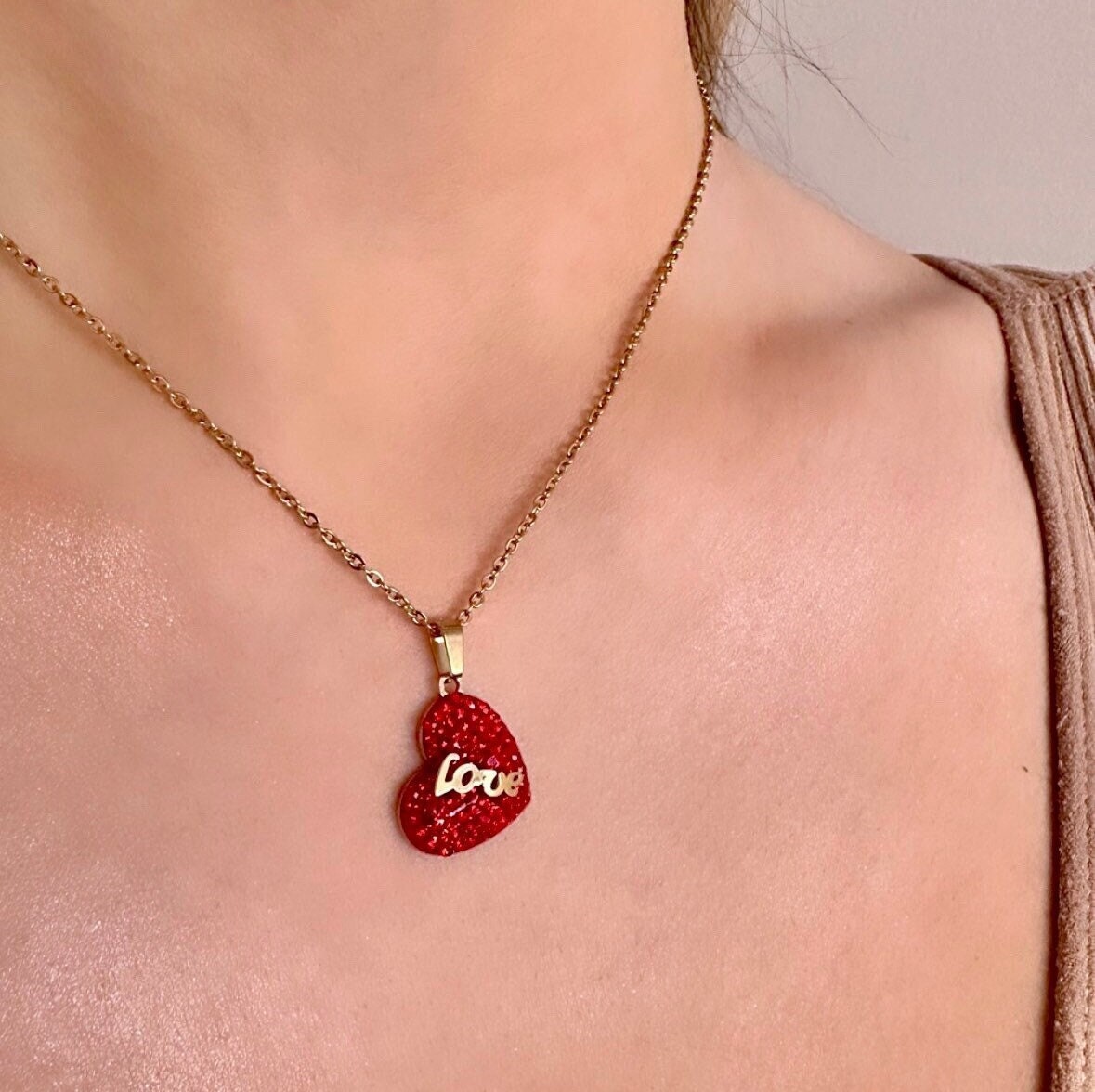 Red Heart Necklace Gold, Love Heart Necklace, Cz Heart Necklace, Stainless Steel Heart Pendant Necklace, Anniversary Necklace, Gift For Her