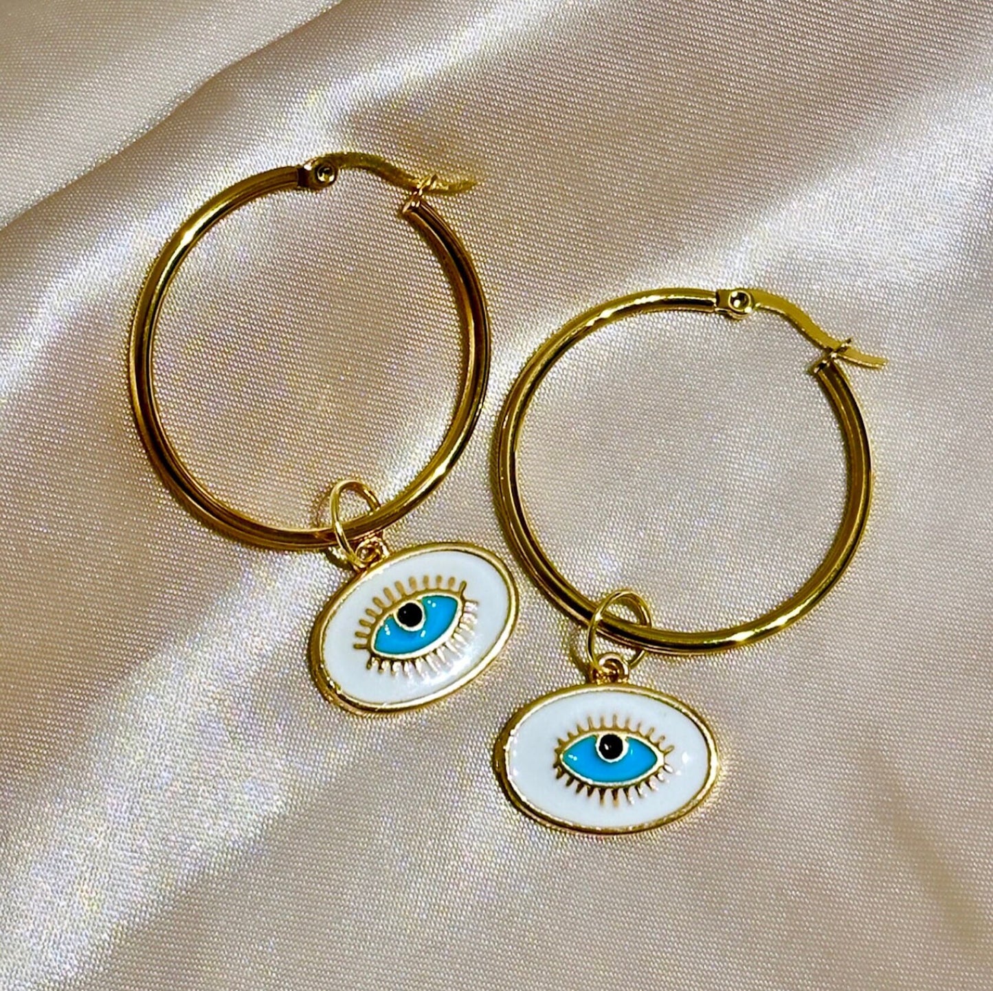 Evil Eye Hoop Earrings, Evil Eye Enamel Earrings, Summer Hoop Earrings, Evil Eye Dangle Earrings, Non Tarnish Evil Eye Protection Jewelry