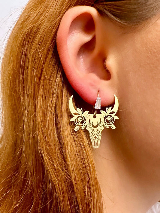 Cow Head Earrings, Cowgirl Earrings, Bull Skull Earrings, Gold Skull Earrings, Western Earrings, Boho Dangle Earrings, Laser Cut Earrings