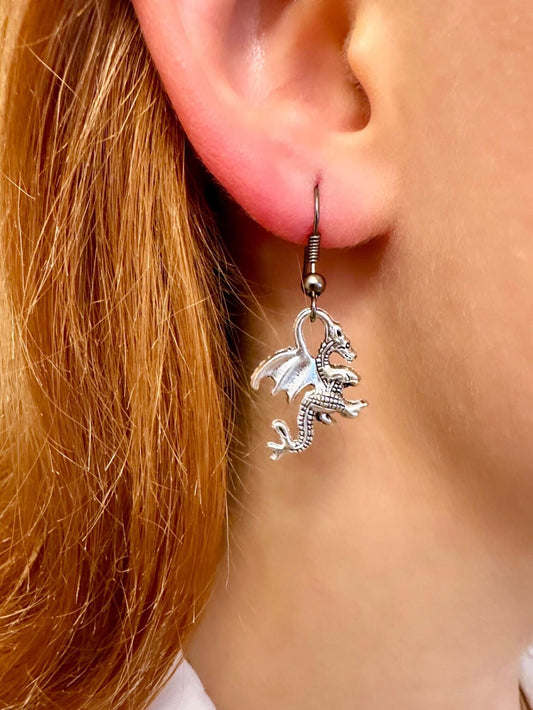 Silver Dragon Earrings, Tiny Dragon Earring, Dragon Dangle Earrings, Renaissance Earrings Halloween Earrings Fantasy Earrings Dragon Jewelry