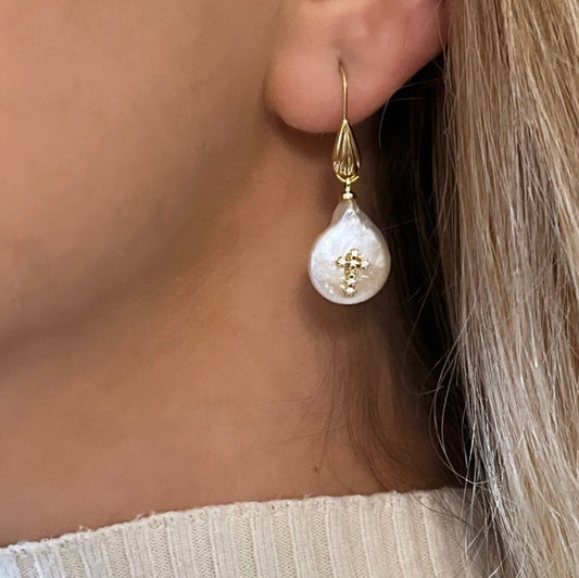 Pearl Cross Earrings, Tear Drop Pearl Earrings, Tiny Cross Earrings, Pearl Drop Earrings Gold, Gold Cross Earrings, Easter Earrings