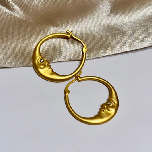 Moon Face Earrings, Moon Crescent Hoop Earrings, Gold Moon Hoops, Moon Crescent Earrings, Gold Moon Hoop Earrings, Celestial Hoop Earrings