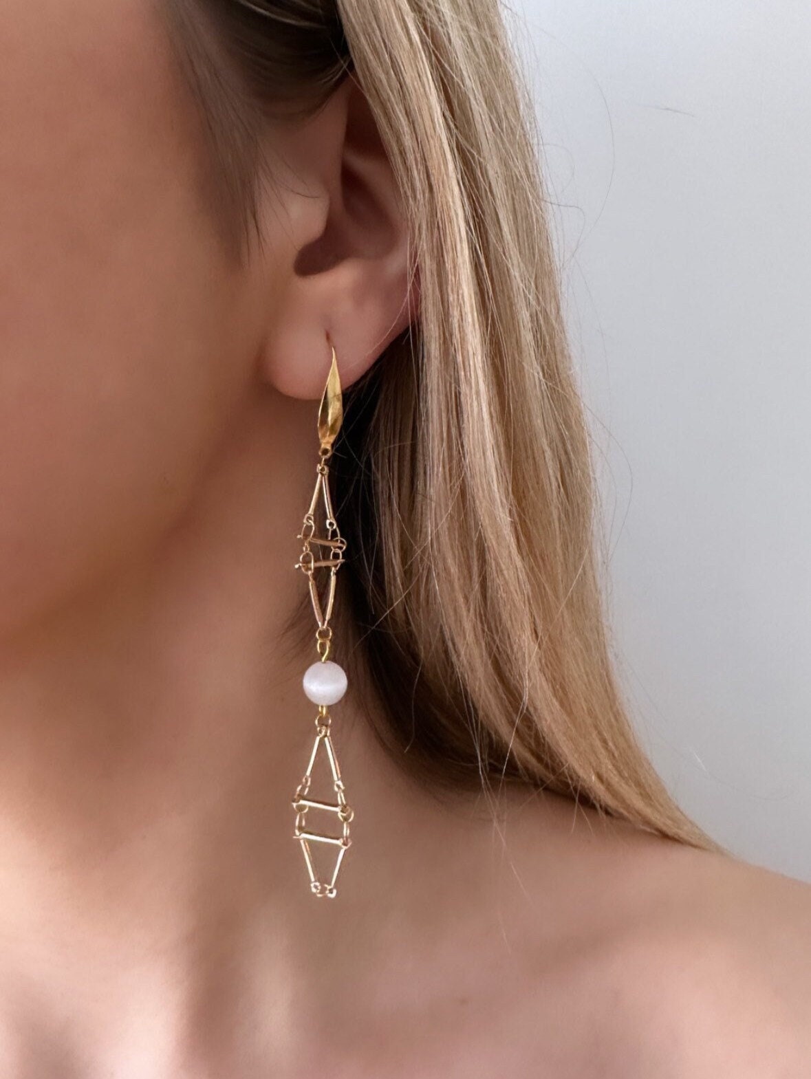 Long Gold Dangle Earrings, Gold Geometric Earrings, Cat Eye Earrings, Bridal Boho Earrings, Boho Dangle Earrings Gold, Vacation Earrings