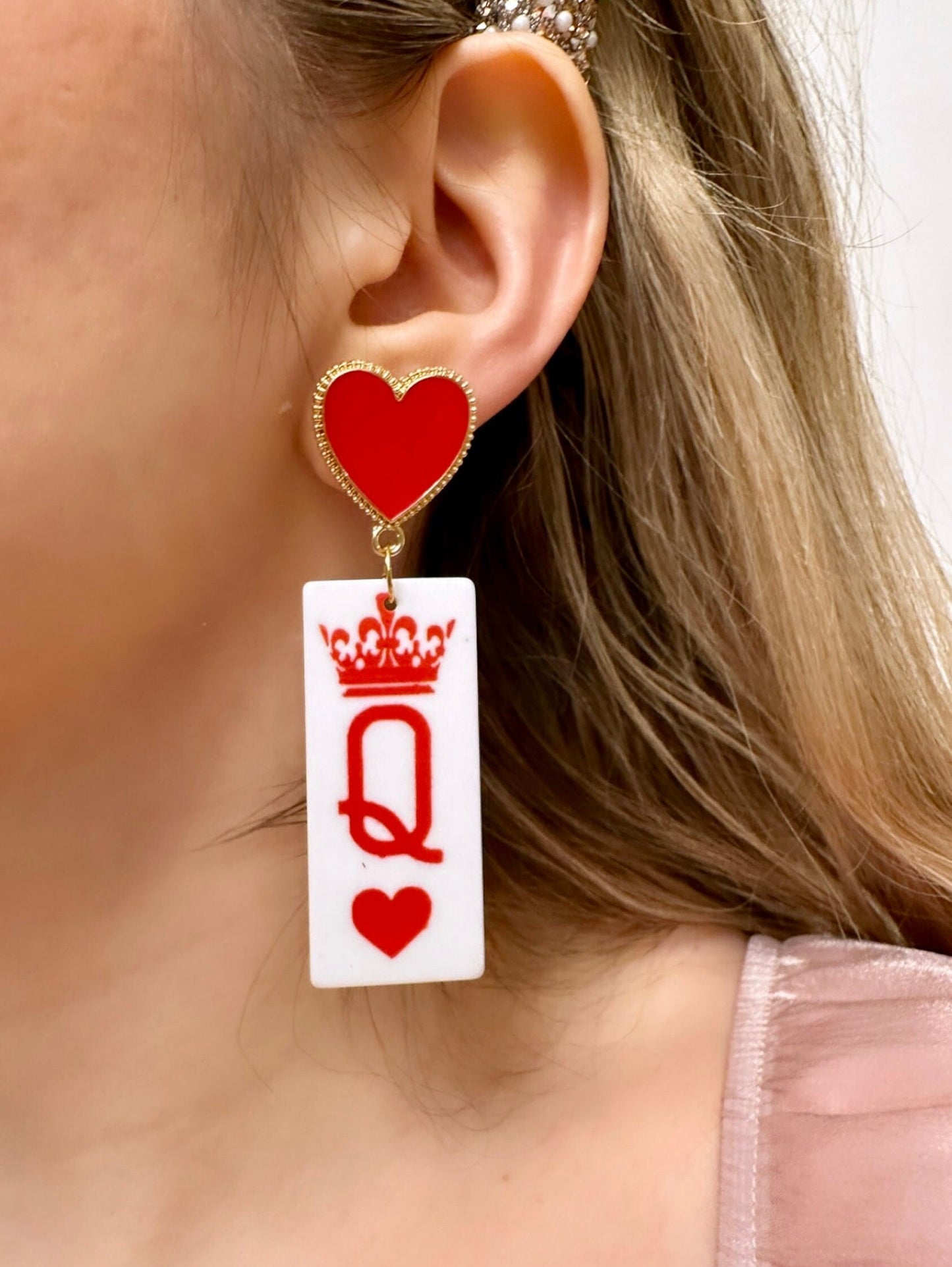 Queen Of Hearts Earrings, Red Heart Dangling Earrings, Valentine's Day Earrings, Red Queen Earrings, Playing Card Earrings, Queen Earrings