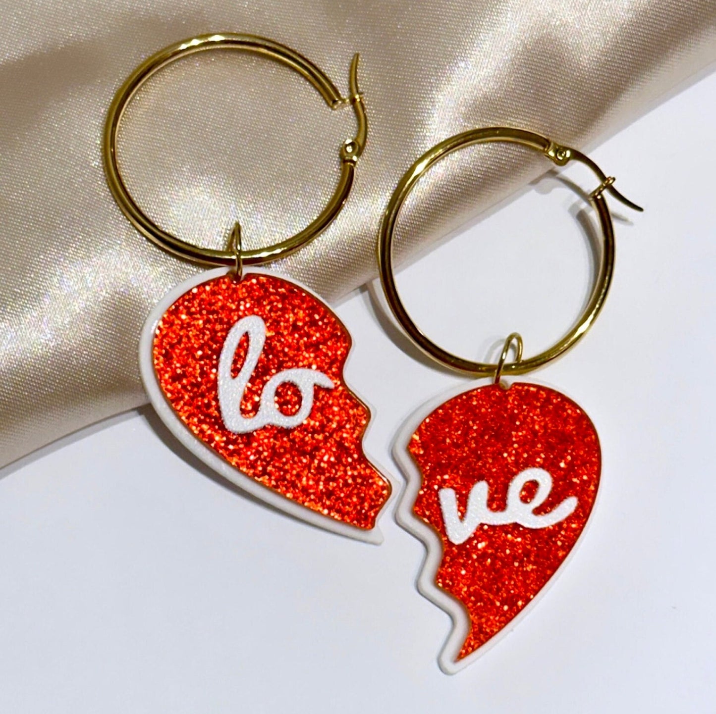 Broken Heart Earrings, Red Heart Hoop Earrings, Love Heart Earrings, Glitter Heart Earrings, Acrylic Heart Earrings Gold Heart Hoop Earrings