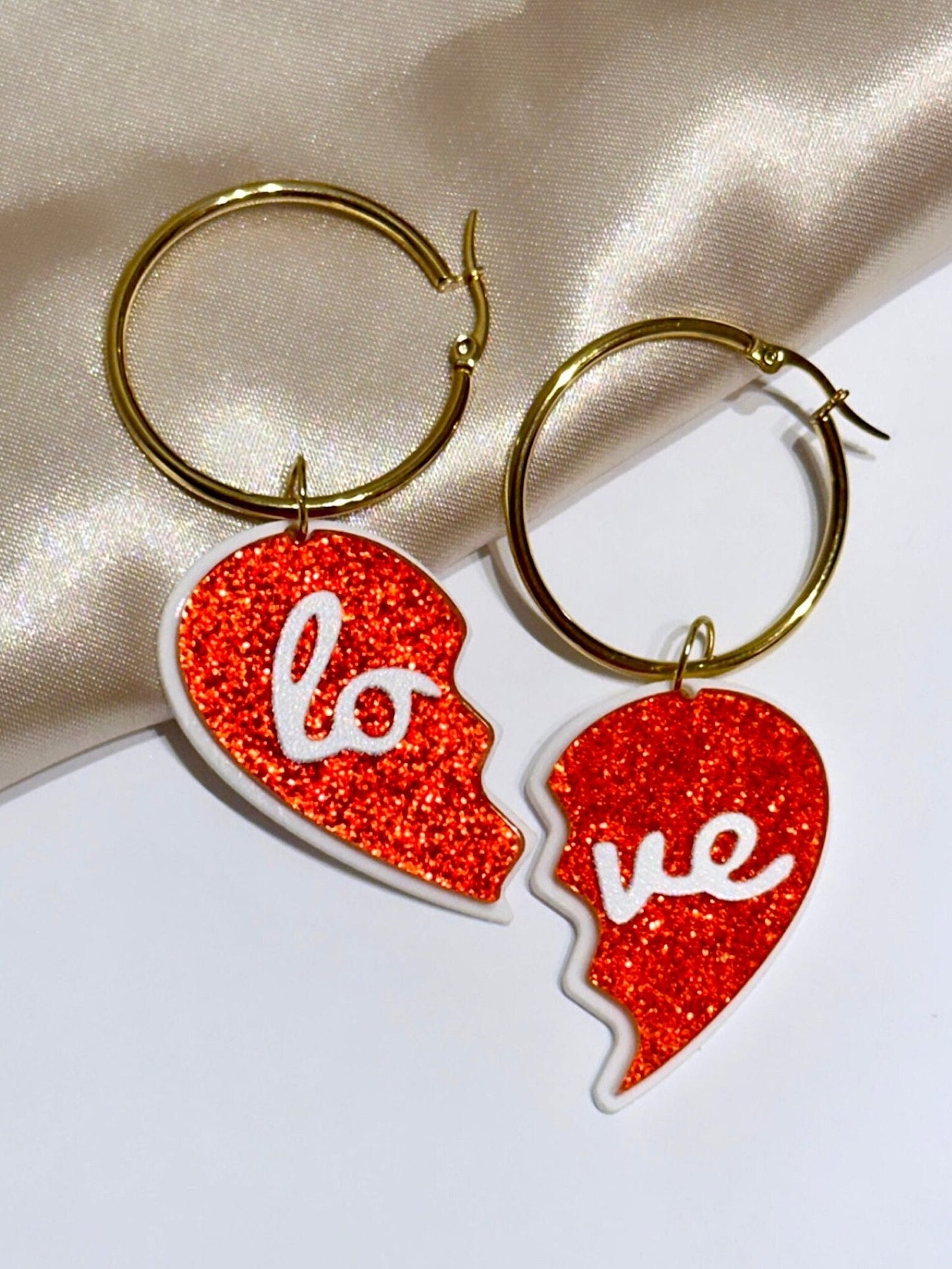 Broken Heart Earrings, Red Heart Hoop Earrings, Glitter Acrylic Earrings, Breakup Gift, Divorce Gift, Love Heart Earrings, Tarnish Free Hoop