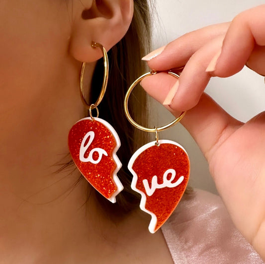 Broken Heart Earrings, Red Heart Hoop Earrings, Glitter Acrylic Earrings, Breakup Gift, Divorce Gift, Love Heart Earrings, Tarnish Free Hoop