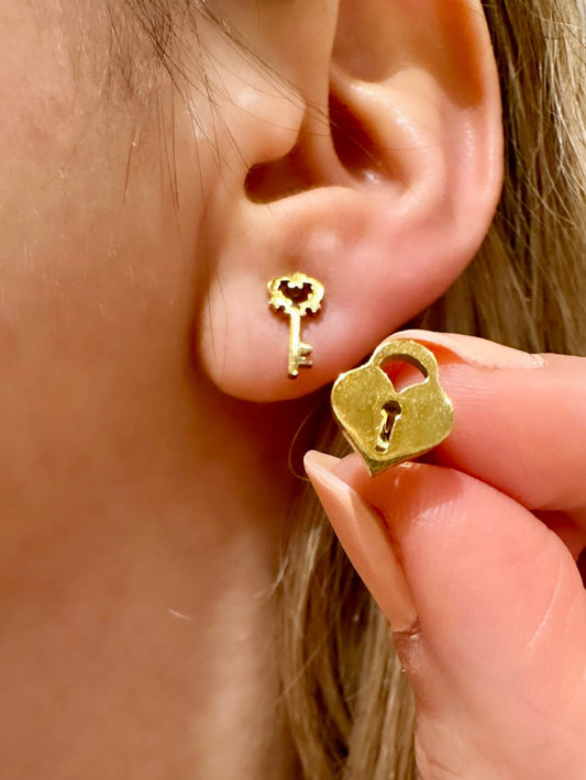 Lock And Key Earrings, Heart Lock Earring, Key And Lock Earrings, Gold Key Earrings, Gold Lock And Key, Mismatched Stud Earrings, Tiny Studs