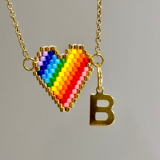 Lgbtq Necklace, Rainbow Heart Necklace, Lgbtq Valentine's Gift, Pride Necklace, Custom Initial Necklace, Miyuki Bead Necklace, Tiny Necklace