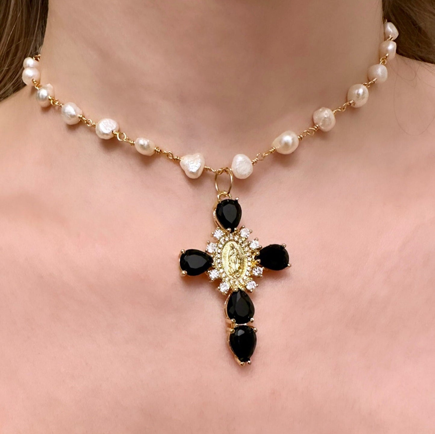 Renaissance Cross Necklace, Freshwater Pearl Cross, Black Cross Necklace, 18K Cross Pendant, Pearl Cross Necklace Women, Medieval Cross