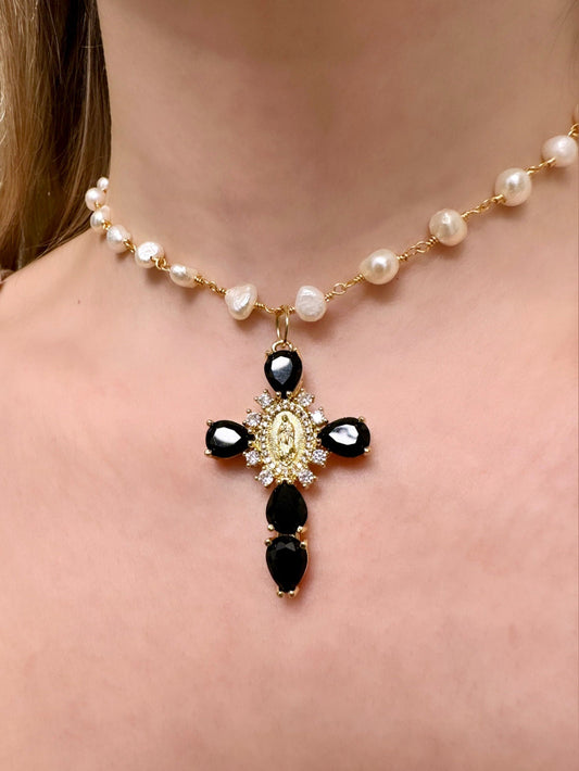 Renaissance Cross Necklace, Freshwater Pearl Cross, Black Cross Necklace, 18K Cross Pendant, Pearl Cross Necklace Women, Medieval Cross