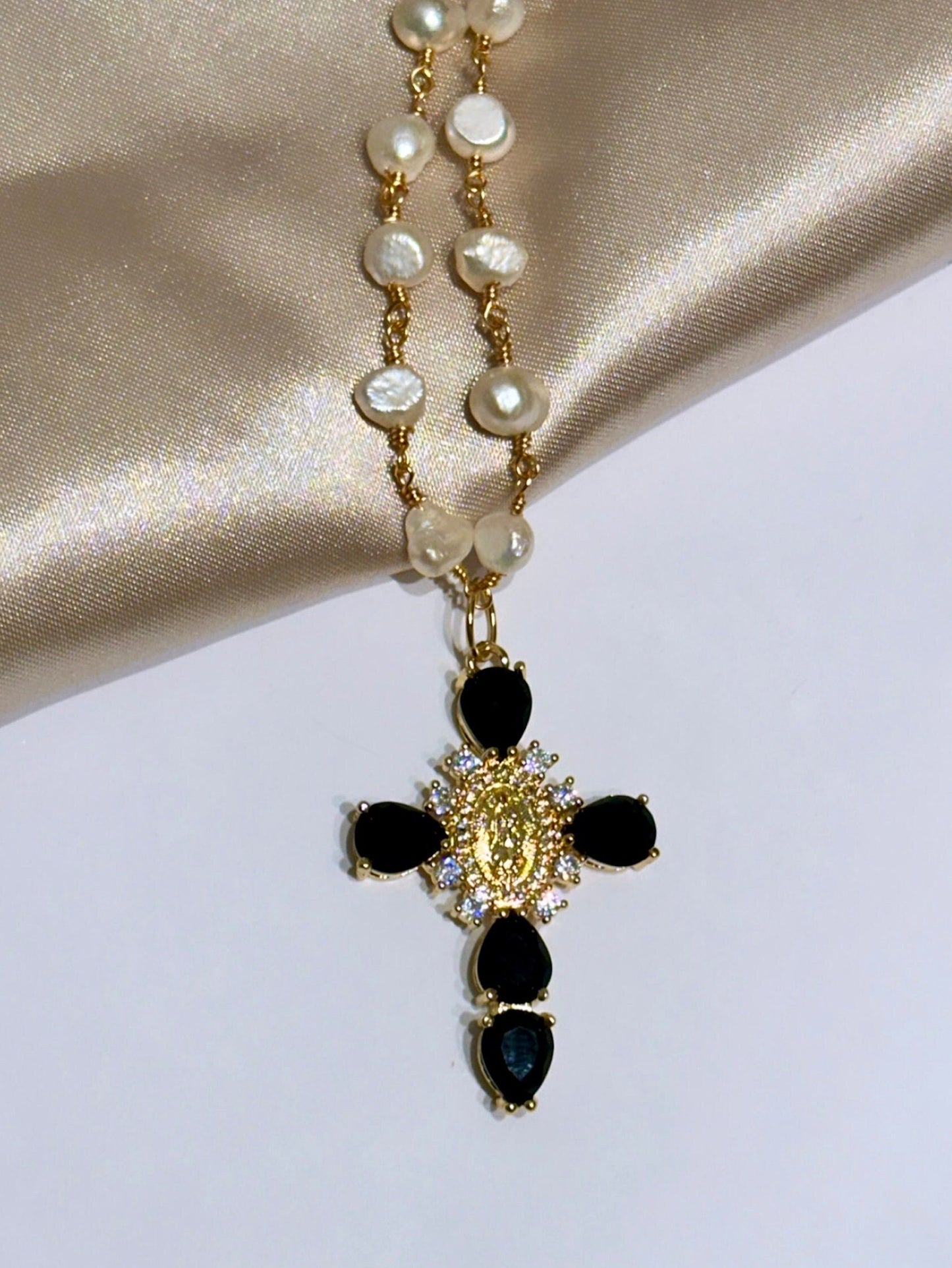 Renaissance Cross Necklace, Freshwater Pearl Cross, Black Cross Necklace, 18K Cross Pendant, Pearl Cross Necklace Women, Medieval Cross