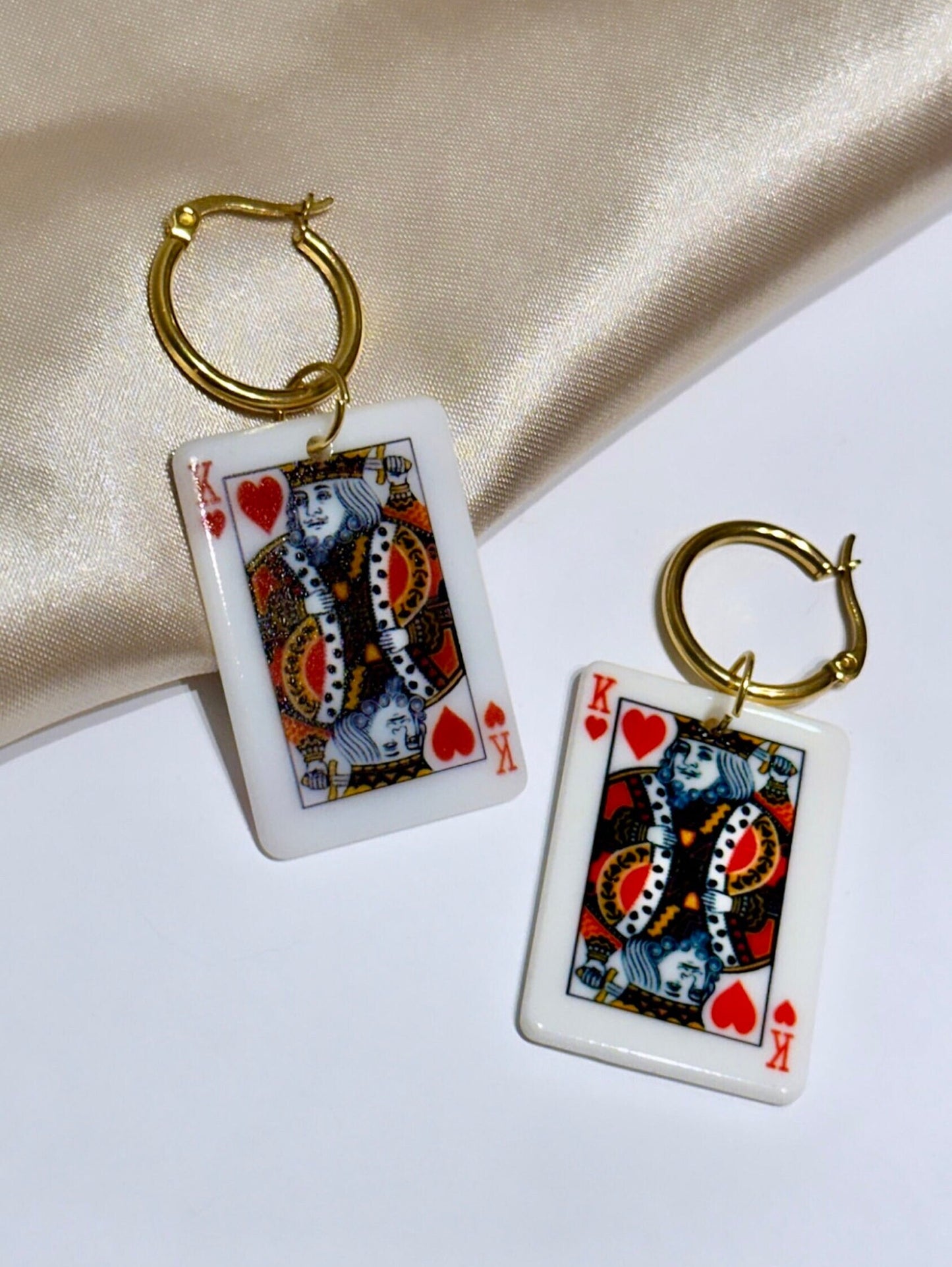 Playing Card Earrings, Valentine's Day Earrings, King Of Hearts Playing Card, Vday Earrings, Acrylic Valentine Earrings, 18K Gold Hoops