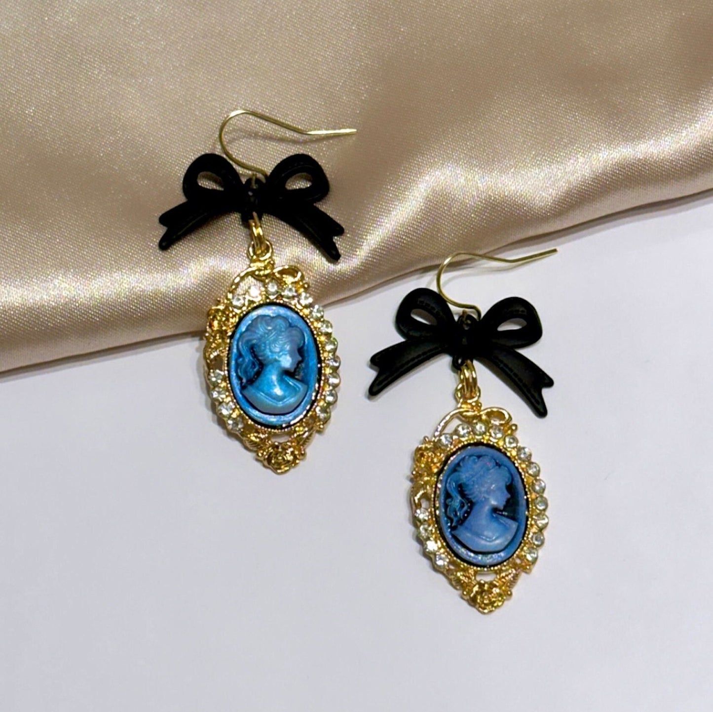 Victorian Earrings, Blue Cameo Earrings, Bow Dangle Earrings, Coquette Earrings, Antique Cameo Earrings, Black Bow Earrings Bowknot Earrings