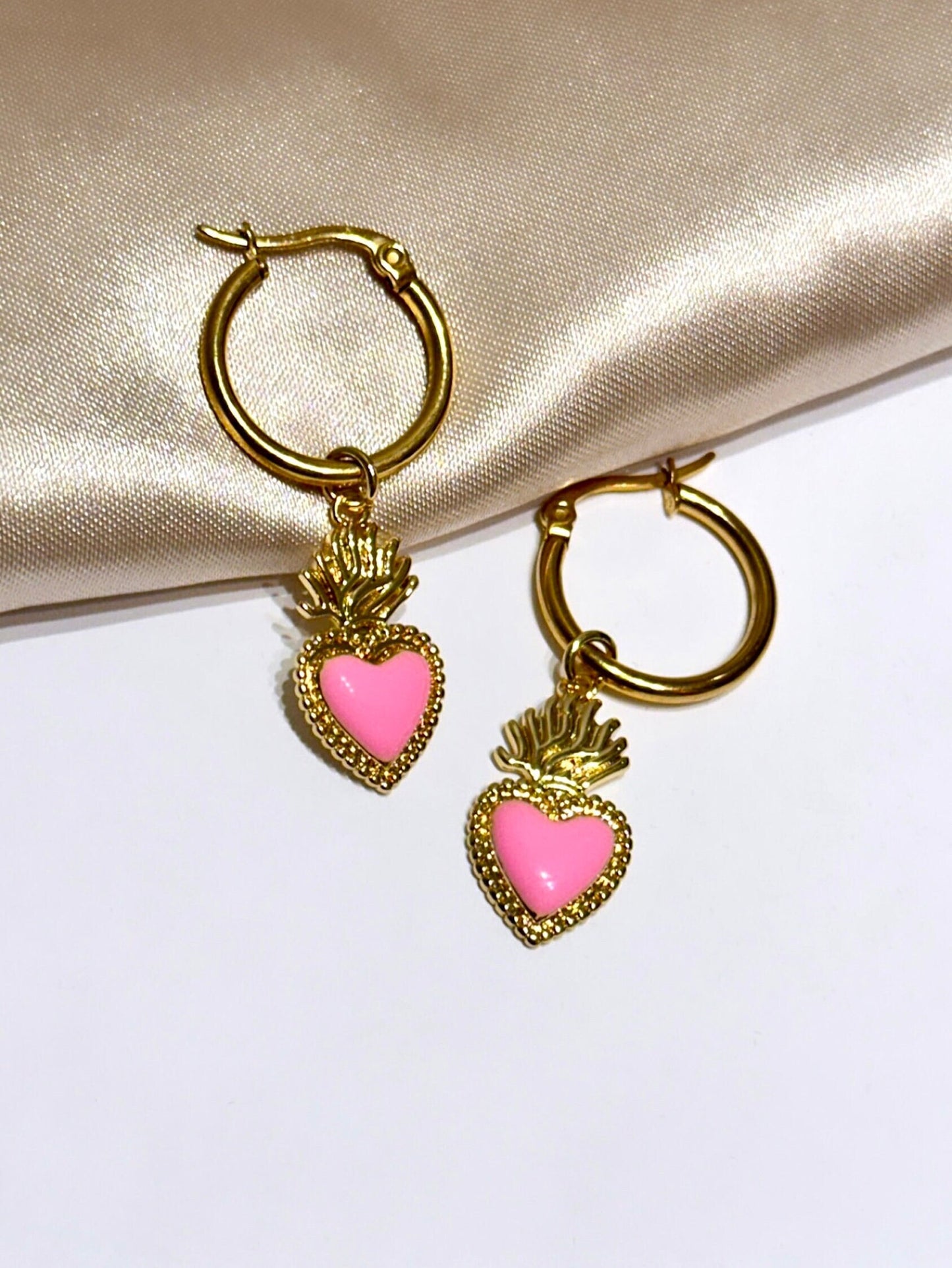 Heart Dangle Hoop Earrings, Sacred Heart Gold Earrings, Pink Heart Hoop Earrings, Valentine's Hoop Earrings, Enamel Heart Earrings