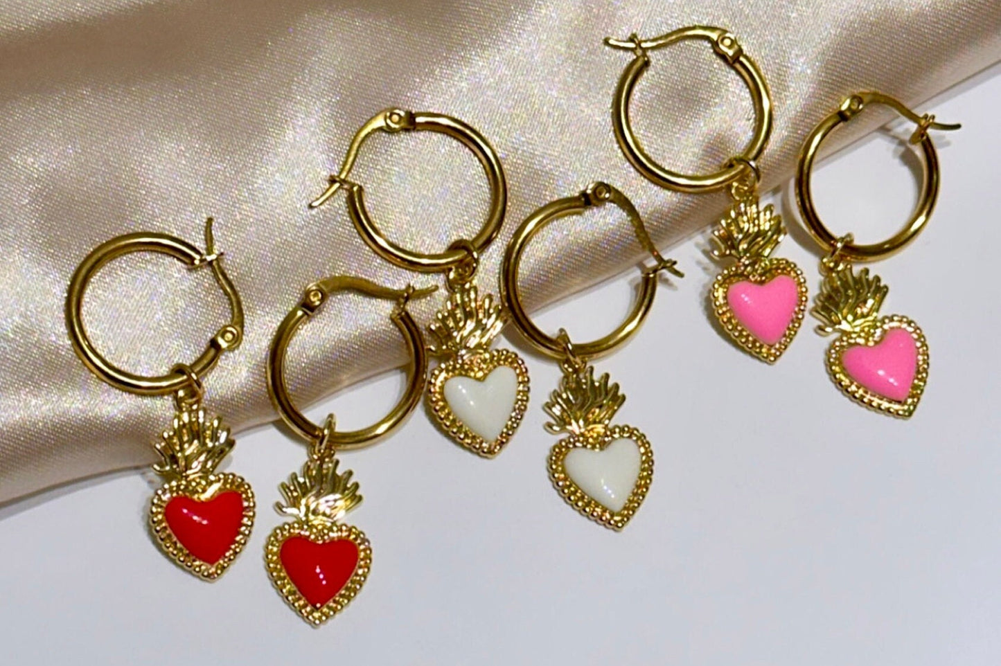 Sacred Heart Earrings Gold, Flaming Heart Earrings, Heart Hoop Earrings Gold, Easter Hoop Earrings, Hot Pink Heart Earrings, Religious Gifts