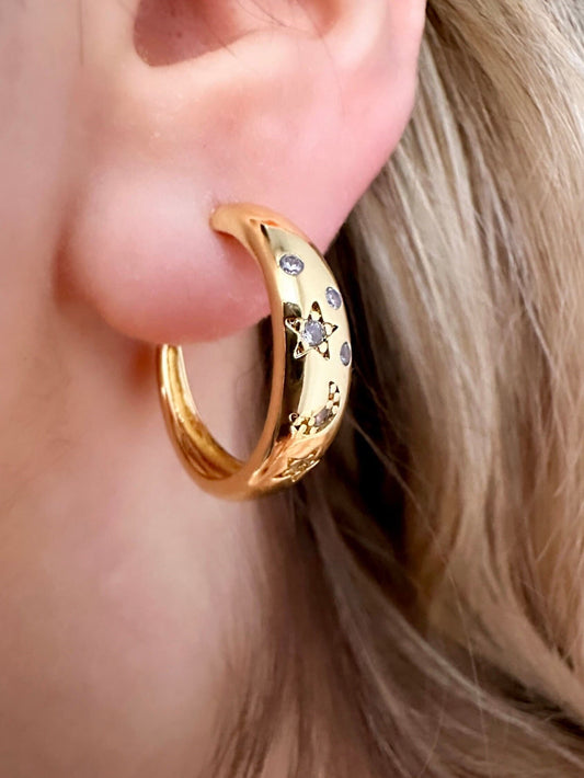 Gold Star Hoop Earrings, Celestial Hoop Earrings, 14K Gold Hoop Earrings, Moon Crescent Earring, Star And Moon Hoop Earrings Cz Gold Earring