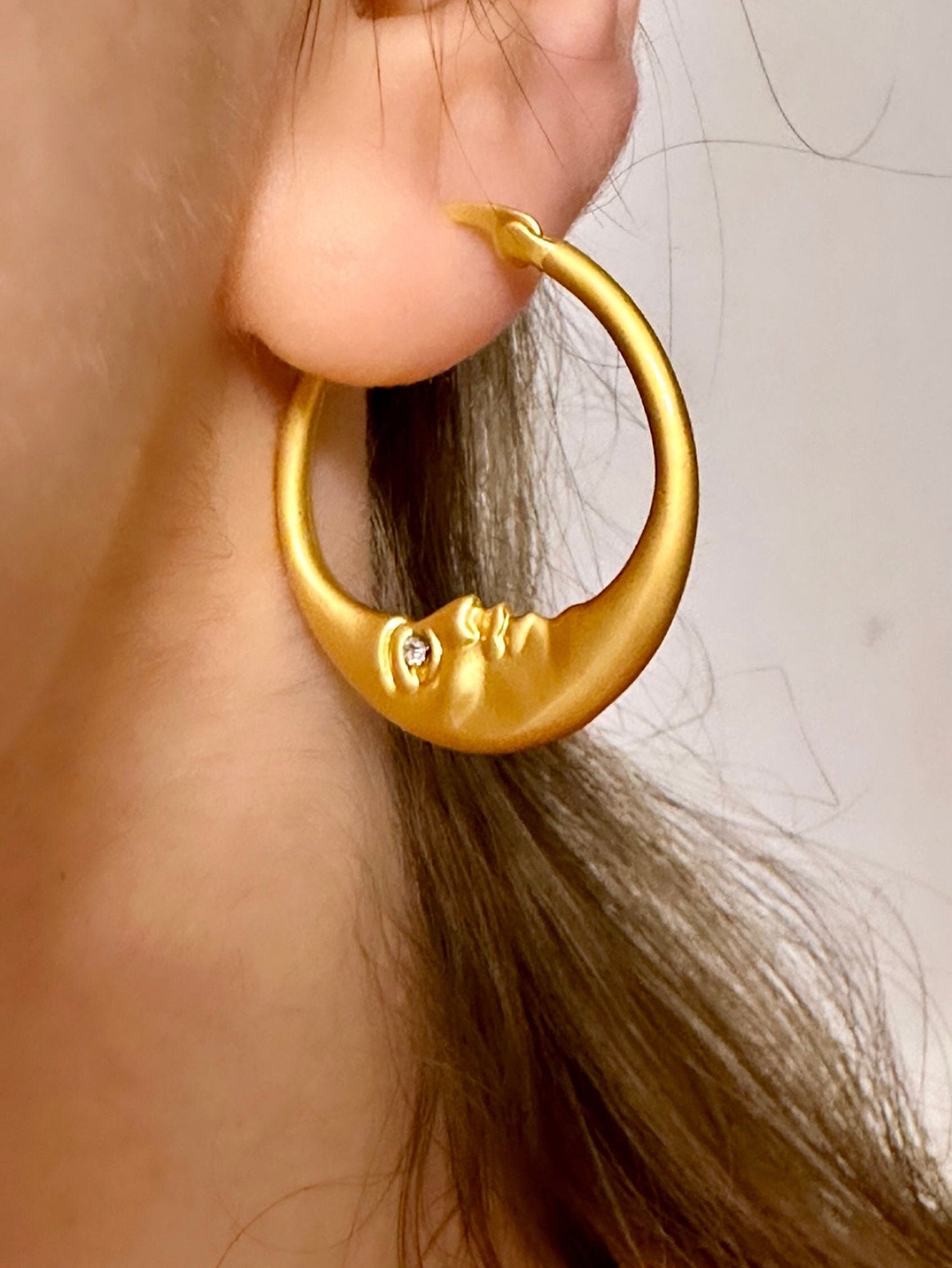 Moon Face Earrings, Moon Crescent Hoop Earrings, Gold Moon Hoops, Moon Crescent Earrings, Gold Moon Hoop Earrings, Celestial Hoop Earrings