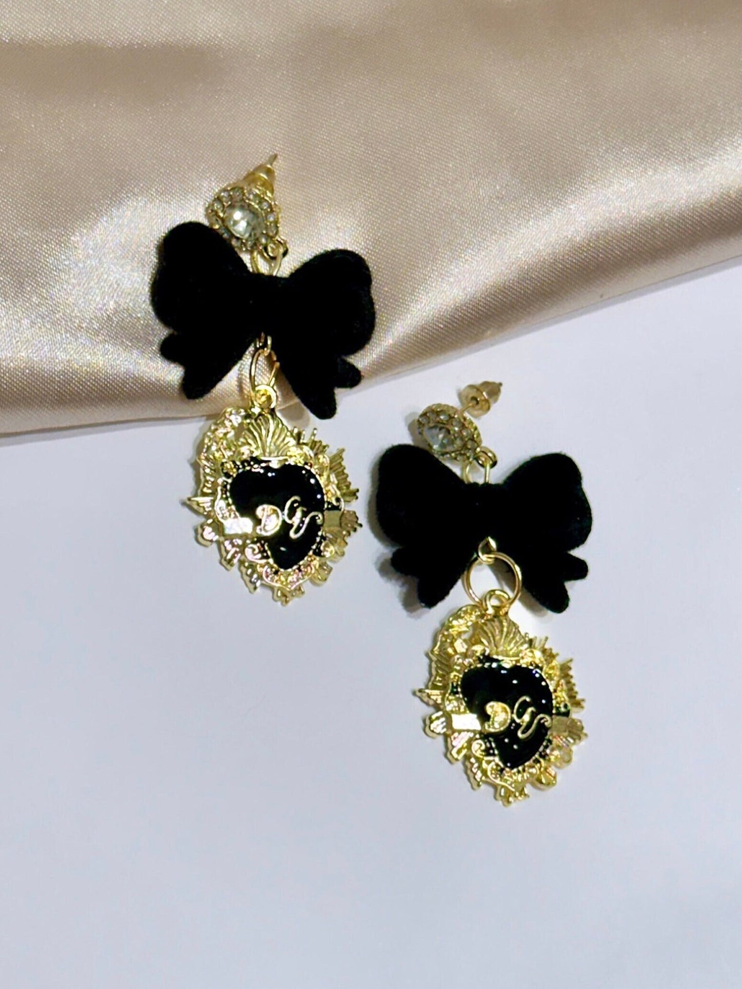 Black Bow Earrings, Black Heart Earrings, Gold Sacred Heart Earrings, Milagro Earrings, Velvet Earrings, Bowknot Earrings, Coquette Earrings