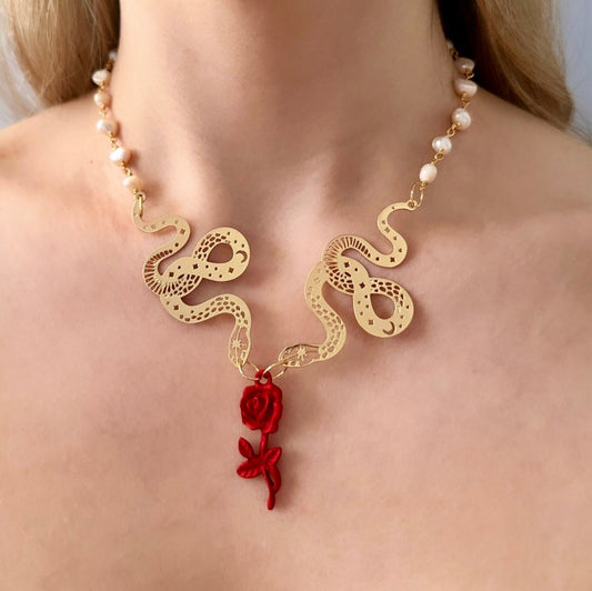 Gold Snake Necklace, Freshwater Pearl Necklace Beaded, Red Rose Necklace, Witch Necklace Gold, Statement Pearl Necklace, Snake Jewelry