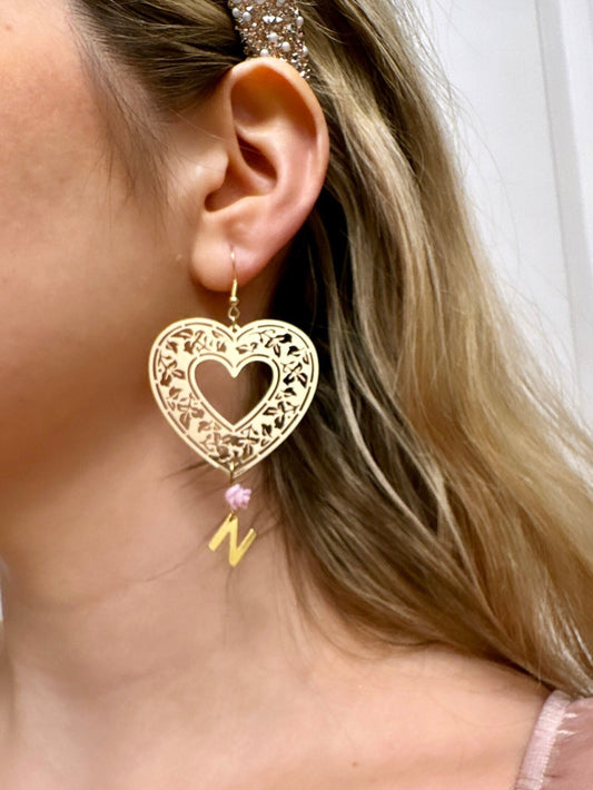 Filigree Heart Earrings, Initial Letter Earrings, Custom Valentine's Day Gift, Custom Heart Earring, Floral Heart Earrings, Unique Earrings