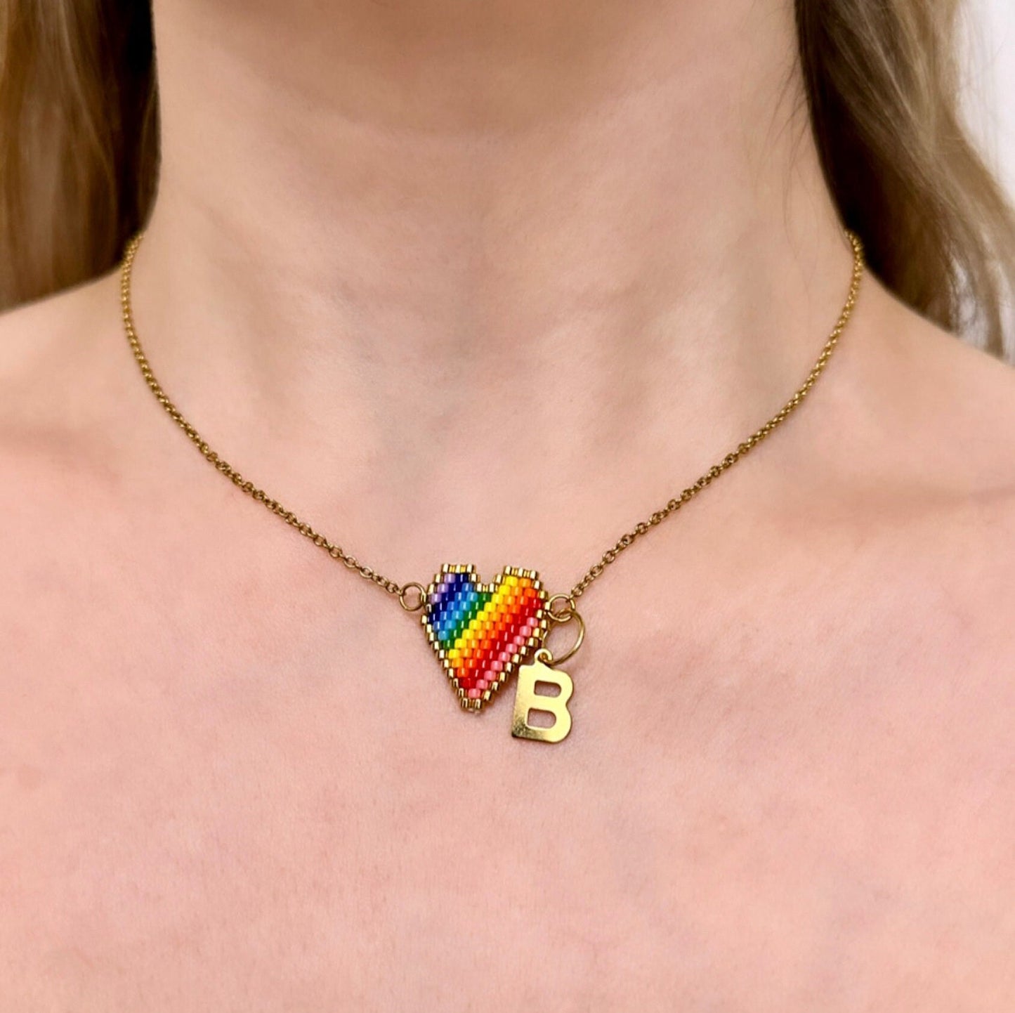 Lgbtq Necklace, Rainbow Heart Necklace, Lgbtq Valentine's Gift, Pride Necklace, Custom Initial Necklace, Miyuki Bead Necklace, Tiny Necklace