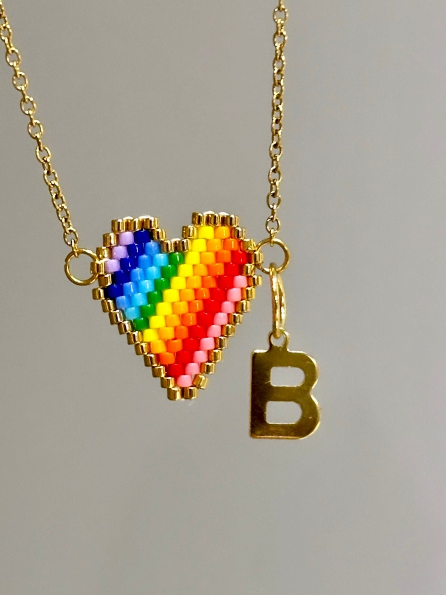 Lgbtq Necklace, Rainbow Heart Necklace, Lgbtq Valentine's Gift, Pride Necklace, Custom Initial Necklace, Miyuki Bead Necklace, Tiny Necklace