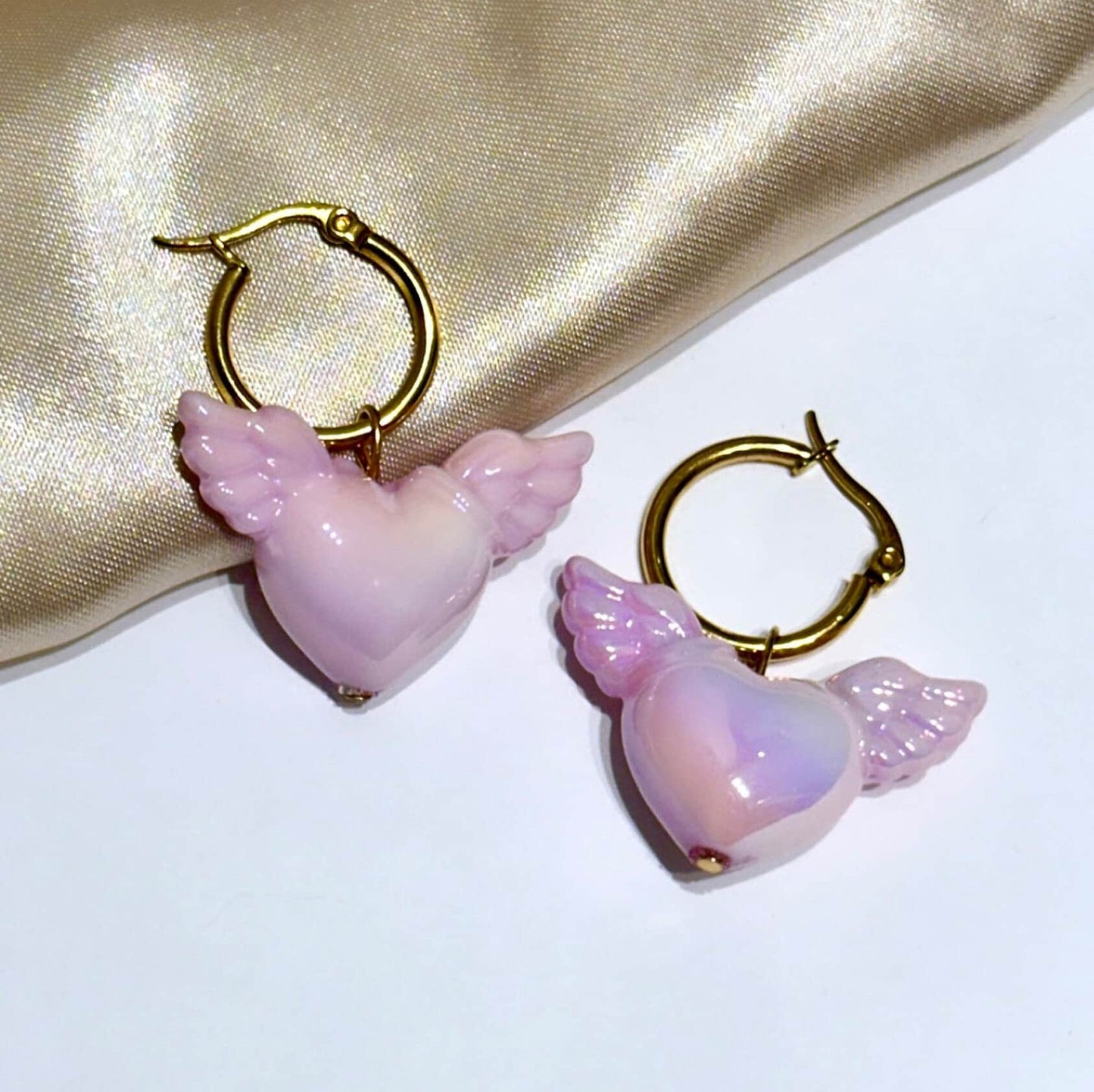 Puffy Heart Earrings, Pink Heart Hoop Earrings, Valentine's Day Hoop Earrings, Pink Heart Earrings Dangle, Angel Heart With Wings, Vday Gift