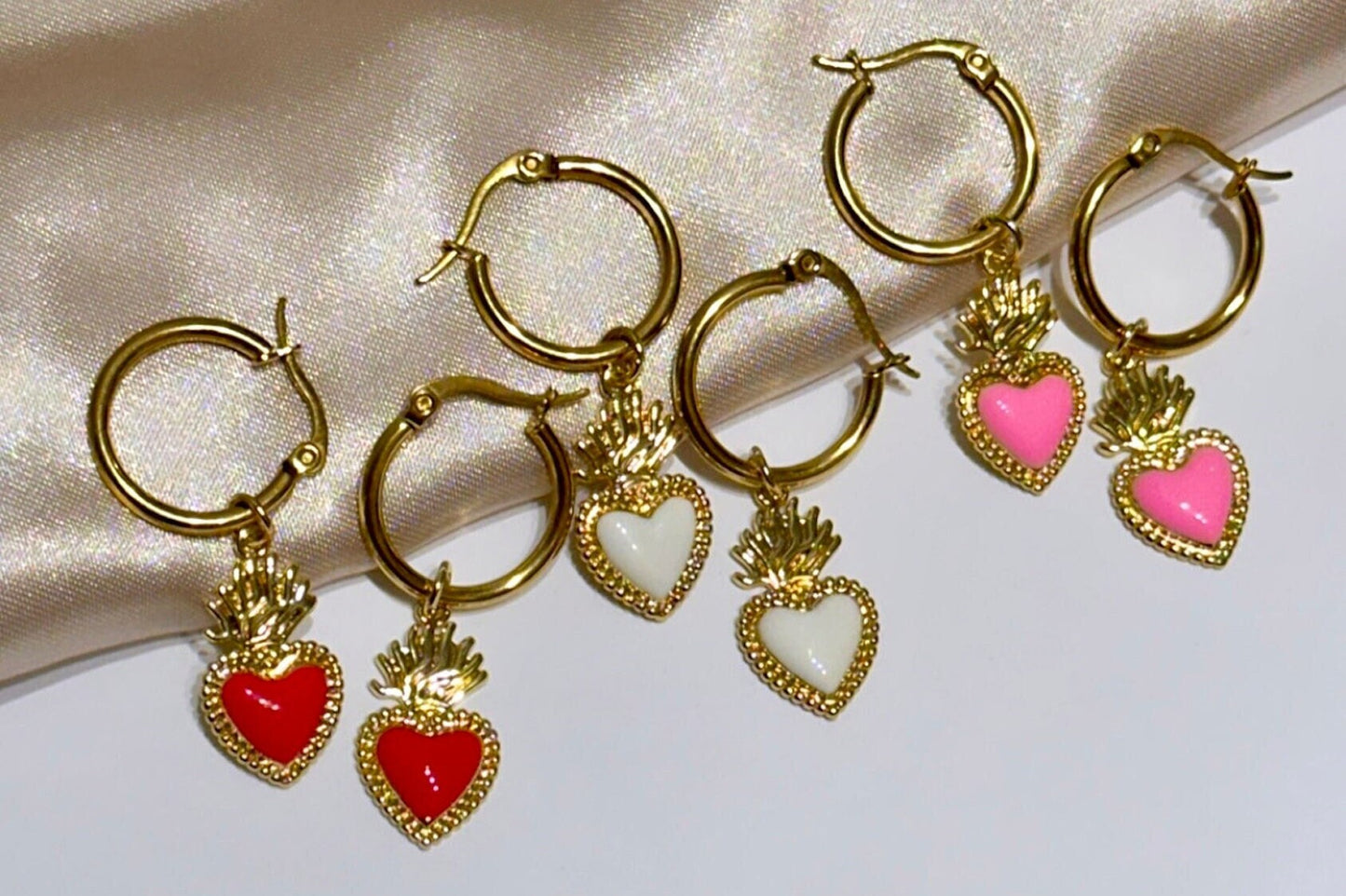 Heart Dangle Hoop Earrings, Sacred Heart Gold Earrings, Pink Heart Hoop Earrings, Valentine's Hoop Earrings, Enamel Heart Earrings