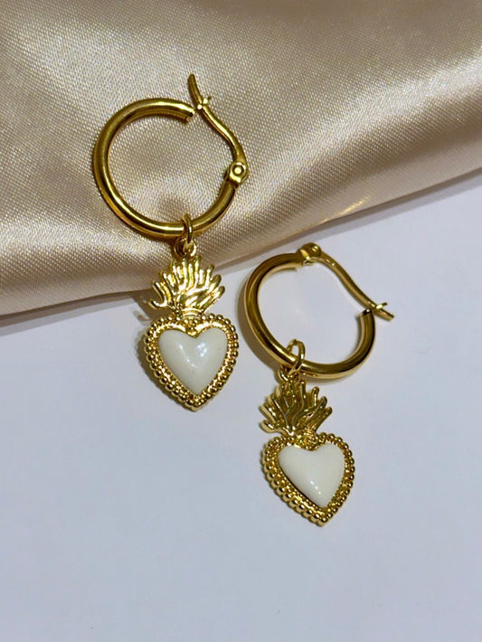 Sacred Heart Earrings 14K Gold, White Heart Earrings, Dangle Heart Earrings, White Gold Heart Earrings, White Enamel Heart Charm, Vday Gifts