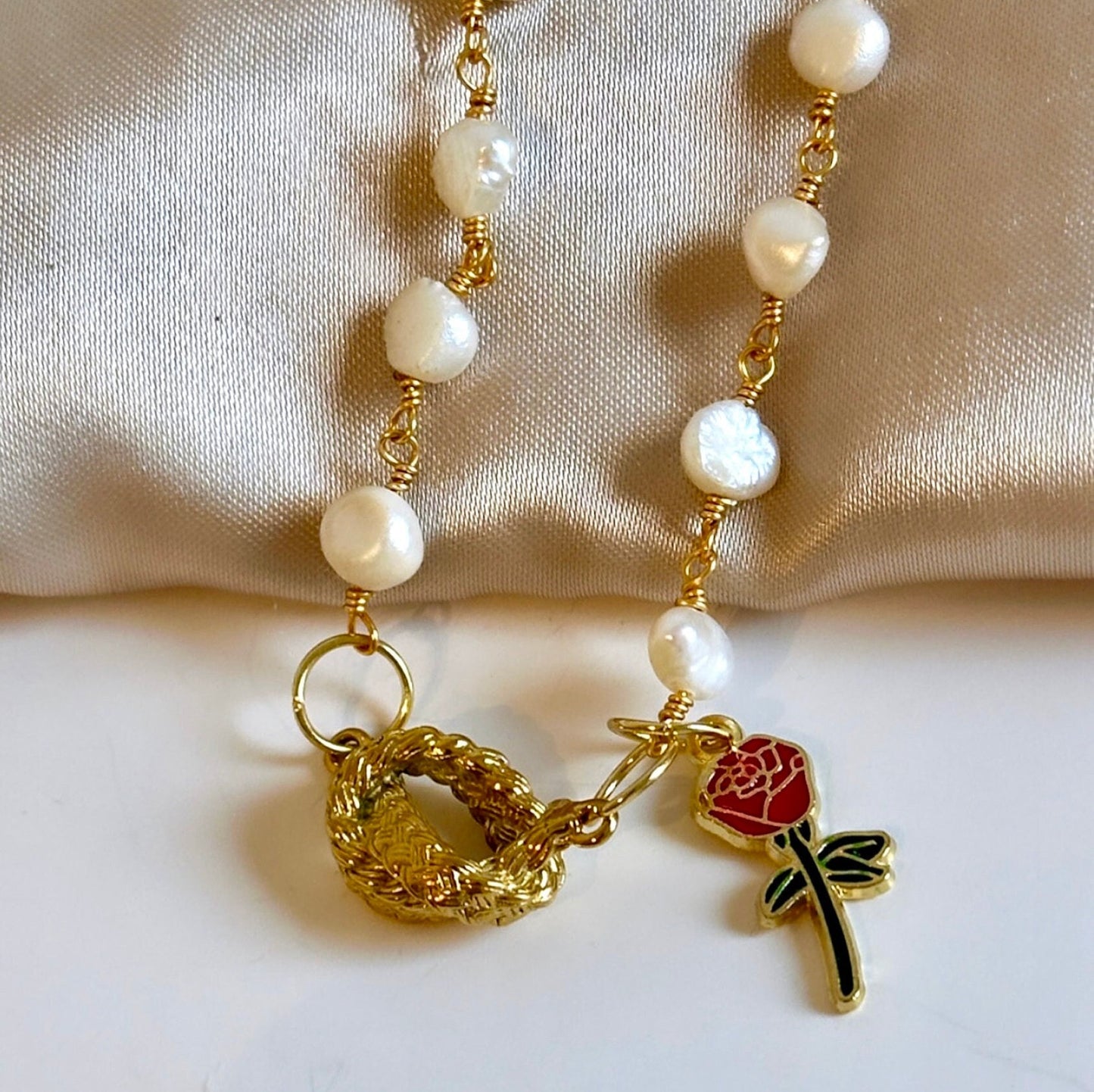 Gold Love Knot Necklace, Real Pearl Necklace, Knotted Necklace, Red Rose Necklace, Freshwater Pearl Necklace, Girlfriend Necklace, Mom Gift