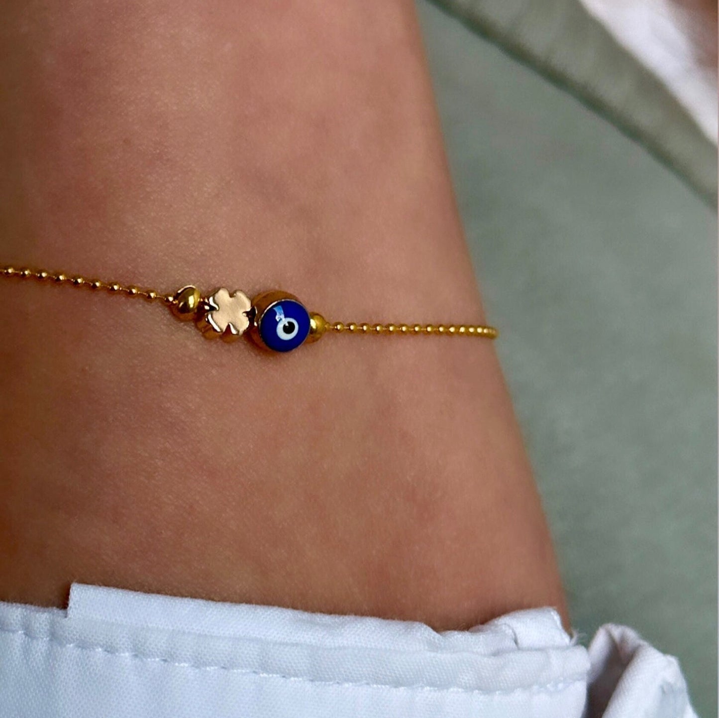 Tiny Evil Eye Bracelet, Lucky Clover Bracelet, Tiny Clover Bracelet, Lucky Charm Bracelet, Adjustable Evil Eye Bracelet, Tiny Lucky Charm