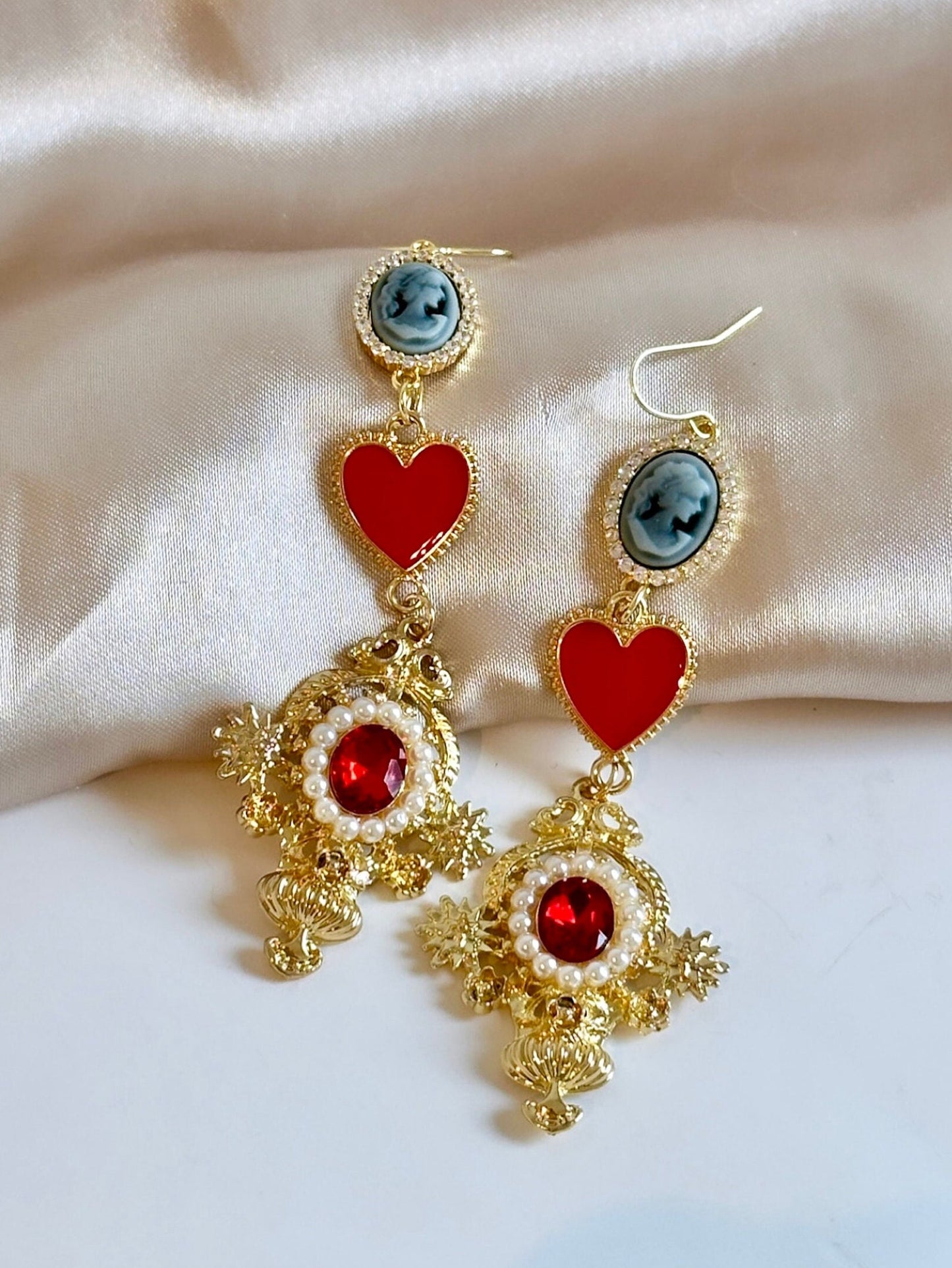 Gold Cameo Earrings, Drop Statement Earrings, Victorian Cameo Earrings, Queen Of Hearts Earrings, Antique Cameo Earrings, Long Gold Earrings