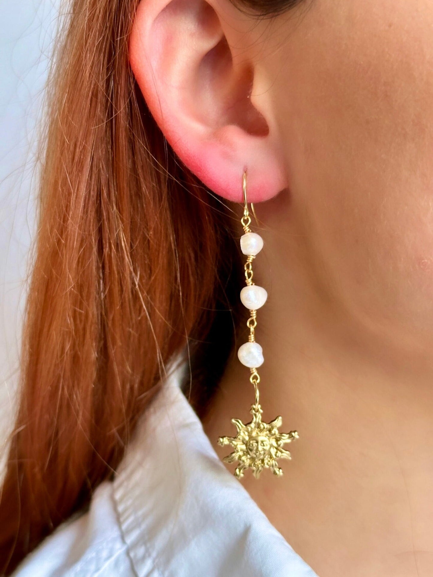 Pearl Sun Earrings, Gold Sun Earrings, Sun Face Earrings, Freshwater Pearl Earrings 14K Gold, Celestial Earrings, Real Pearl Earrings Drop