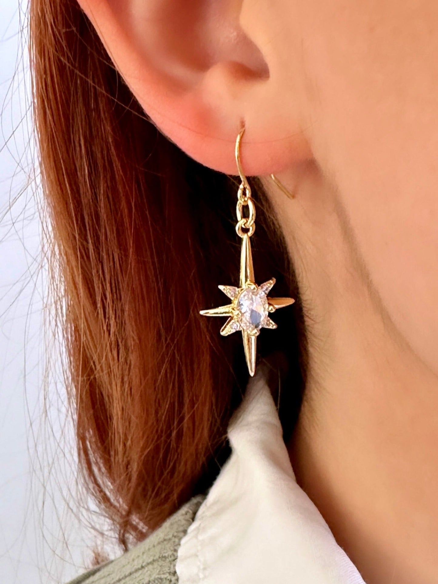 North Star Earrings Gold, 14K Gold Star Earrings, CZ Star Earrings, Celestial Earrings Dangle, North Star Jewelry, Gold Filled Drop Earrings