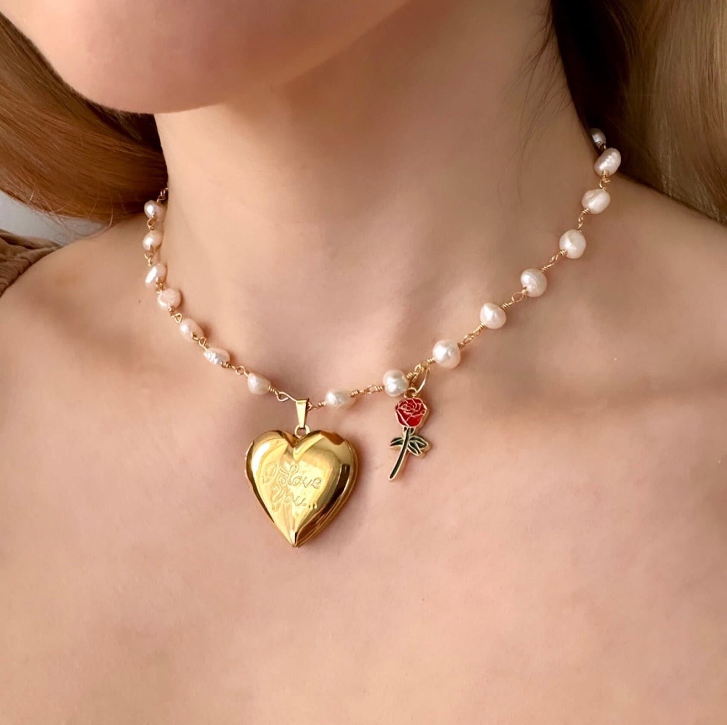 Pearl Locket Necklace, I Love You Necklace, Heart Locket Necklace, Pearl Rose Necklace, Freshwater Pearl Necklace, Girlfriend Necklace