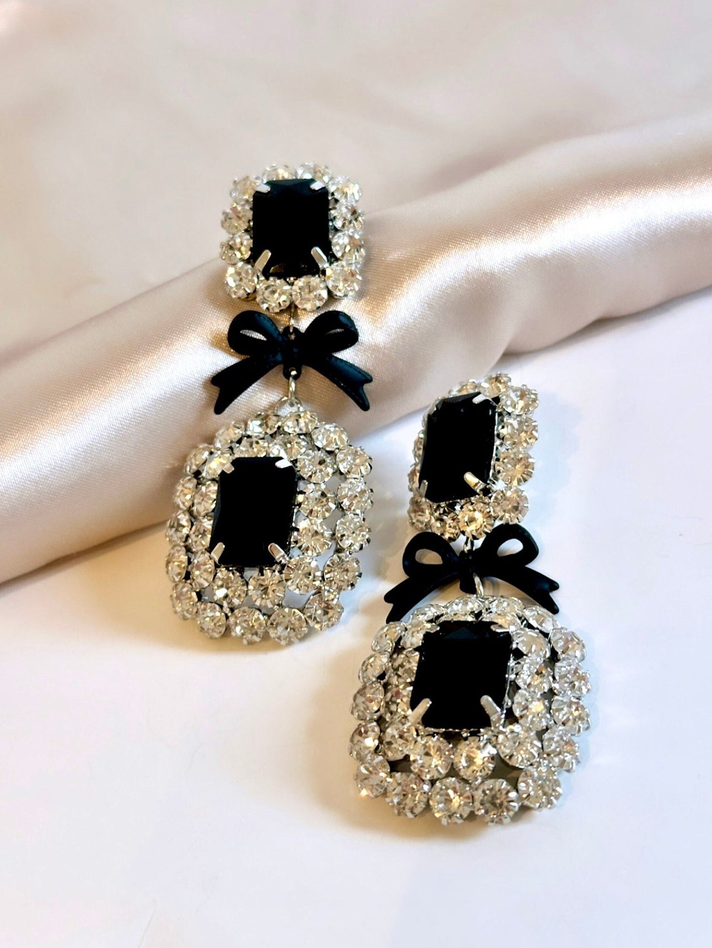 Black Rhinestone Earrings, Black Bow Earrings, Chunky Rhinestone Drop Earrings, Formal Black Earrings, Black Statement Victorian Earrings