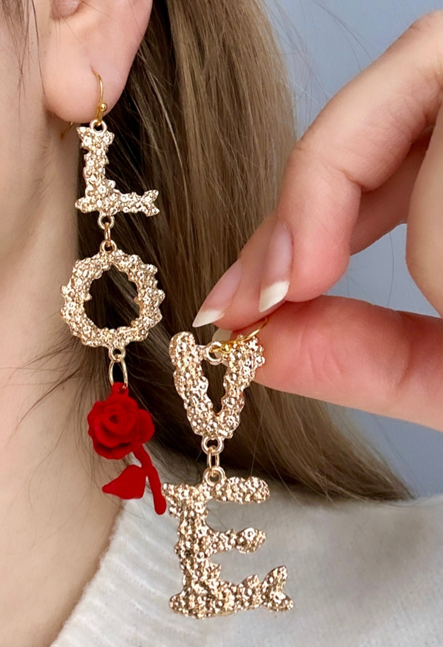 Love Word Earrings, Red Rose Earrings, Love Dangle Earrings, Asymmetric Earrings Gold, Romantic Earrings, Rose Stem Earrings, Love Jewelry