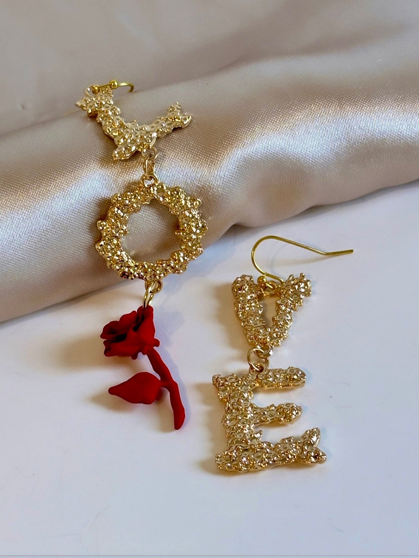 Love Word Earrings, Red Rose Earrings, Love Dangle Earrings, Asymmetric Earrings Gold, Romantic Earrings, Rose Stem Earrings, Love Jewelry