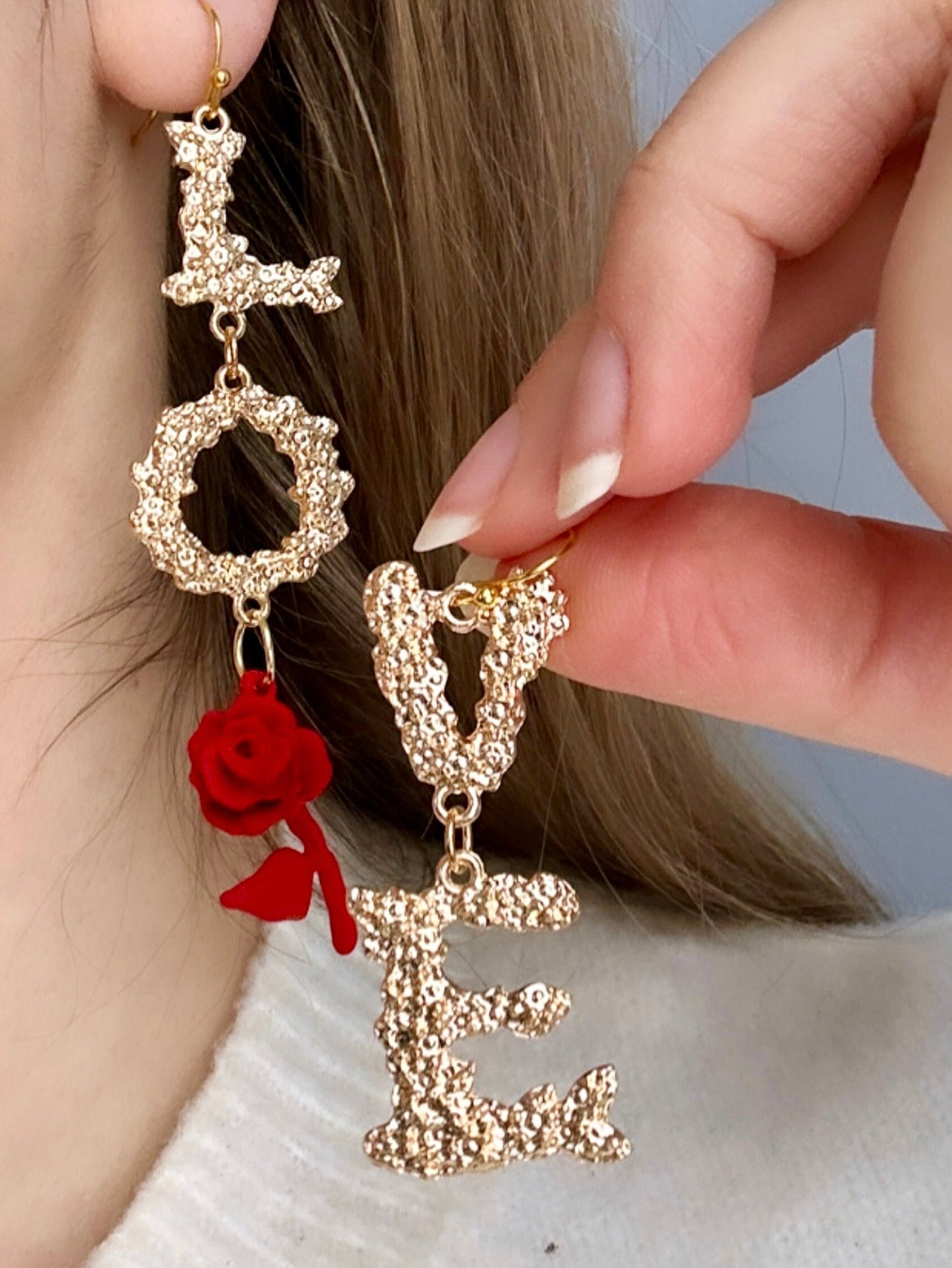 Love Word Earrings, Red Rose Earrings, Love Dangle Earrings, Asymmetric Earrings Gold, Romantic Earrings, Rose Stem Earrings, Love Jewelry