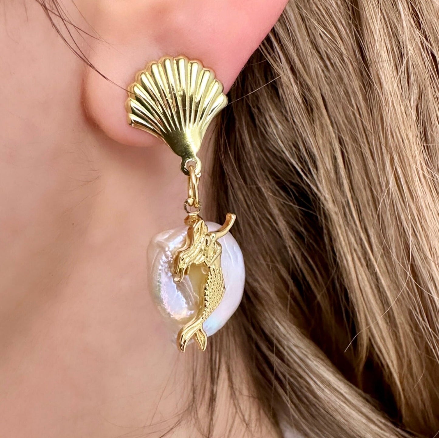 Gold Mermaid Earrings, Pearl Shell Earrings, Baroque Pearl Earrings Gold Teardrop Jewelry, Real Pearl Earrings In 14K Gold, Ocean Earrings