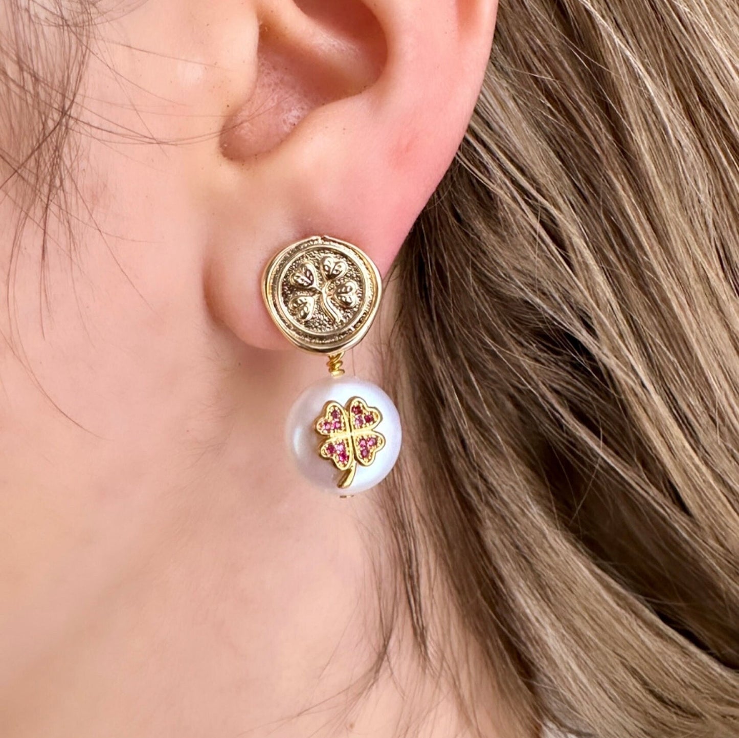 Pearl Clover Earrings, Pink Clover Earrings, St Patricks Earrings, Gold Shamrock Earrings, Gold Filled Clover Earrings, Pearl Drop Earrings