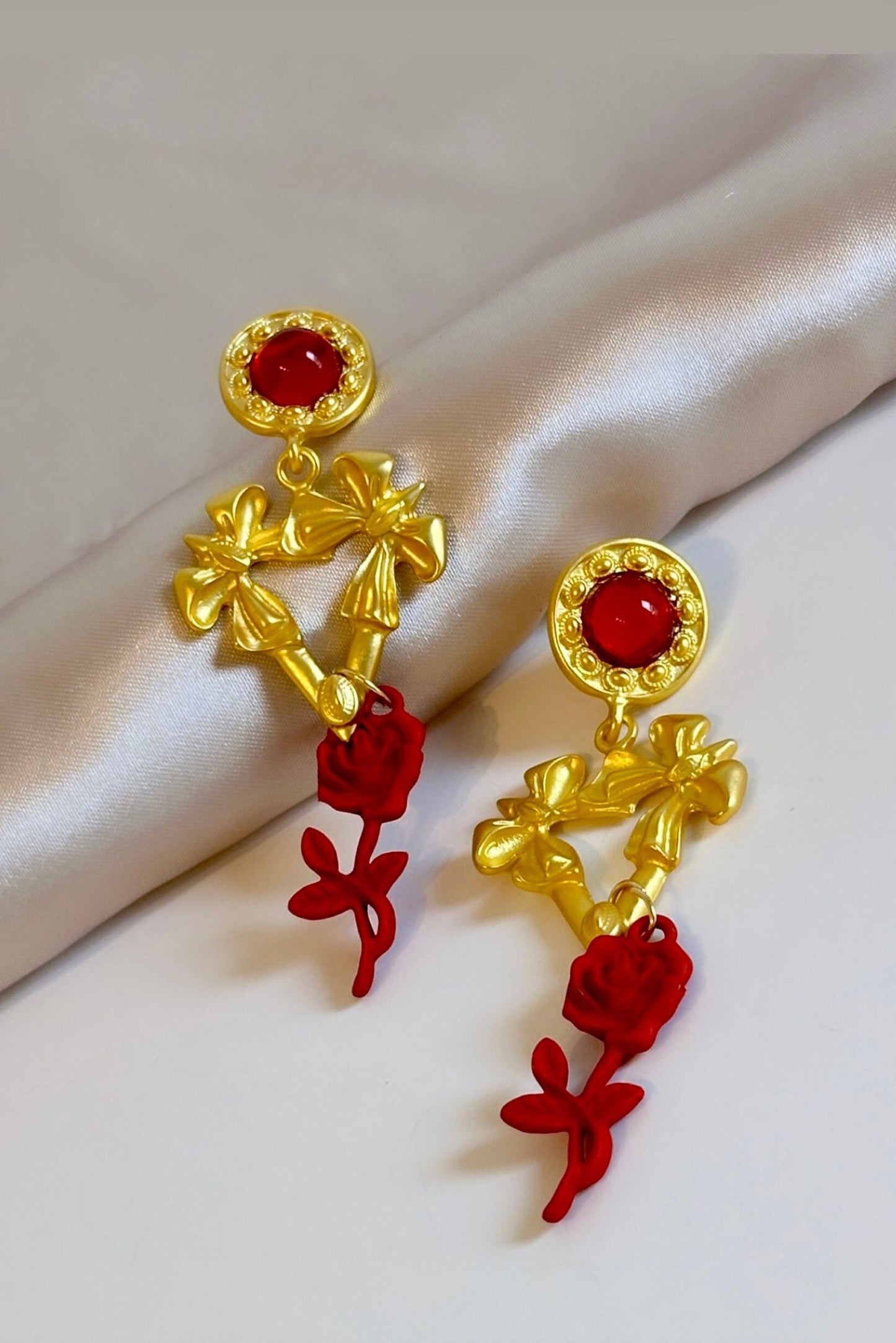 Red Rose Earrings, Gold Art Nouveau Earrings, Gold Bow Earrings, Red Gold Earrings, Red Rose Jewelry Bowknot Earrings Vintage Style Earrings