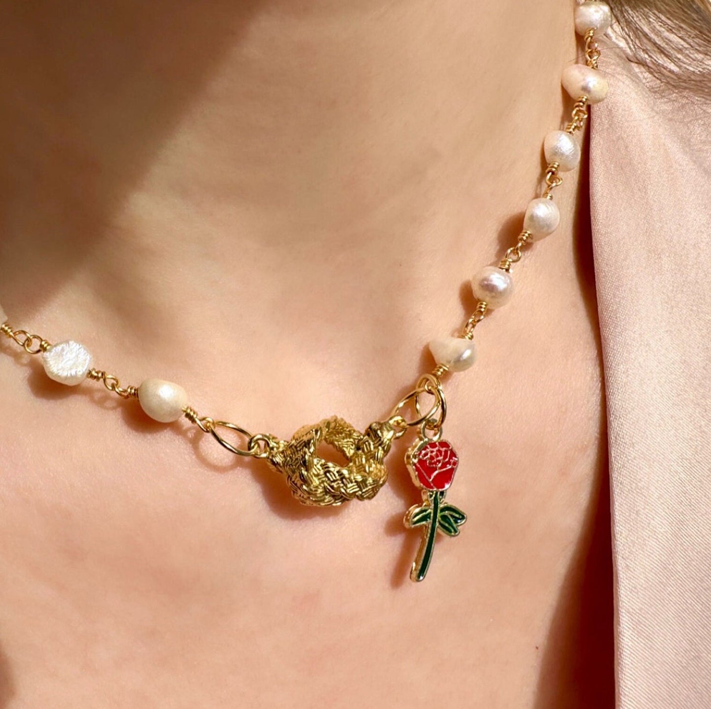 Pearl Love Knot Necklace, Gold Love Knot Necklace, Freshwater Pearl Necklace, Red Rose Necklace, Tiny Rose Necklace, Anniversary Necklace