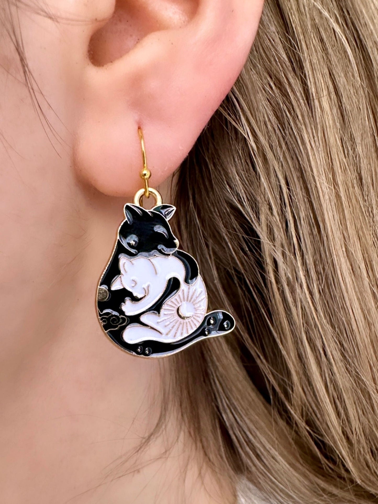 Black Cat Earrings, Cat Dangle Earrings, White Cat Earrings, Black And White Cat, Ying Yang Earrings, Cat Couple Gifts, Cat Jewelry