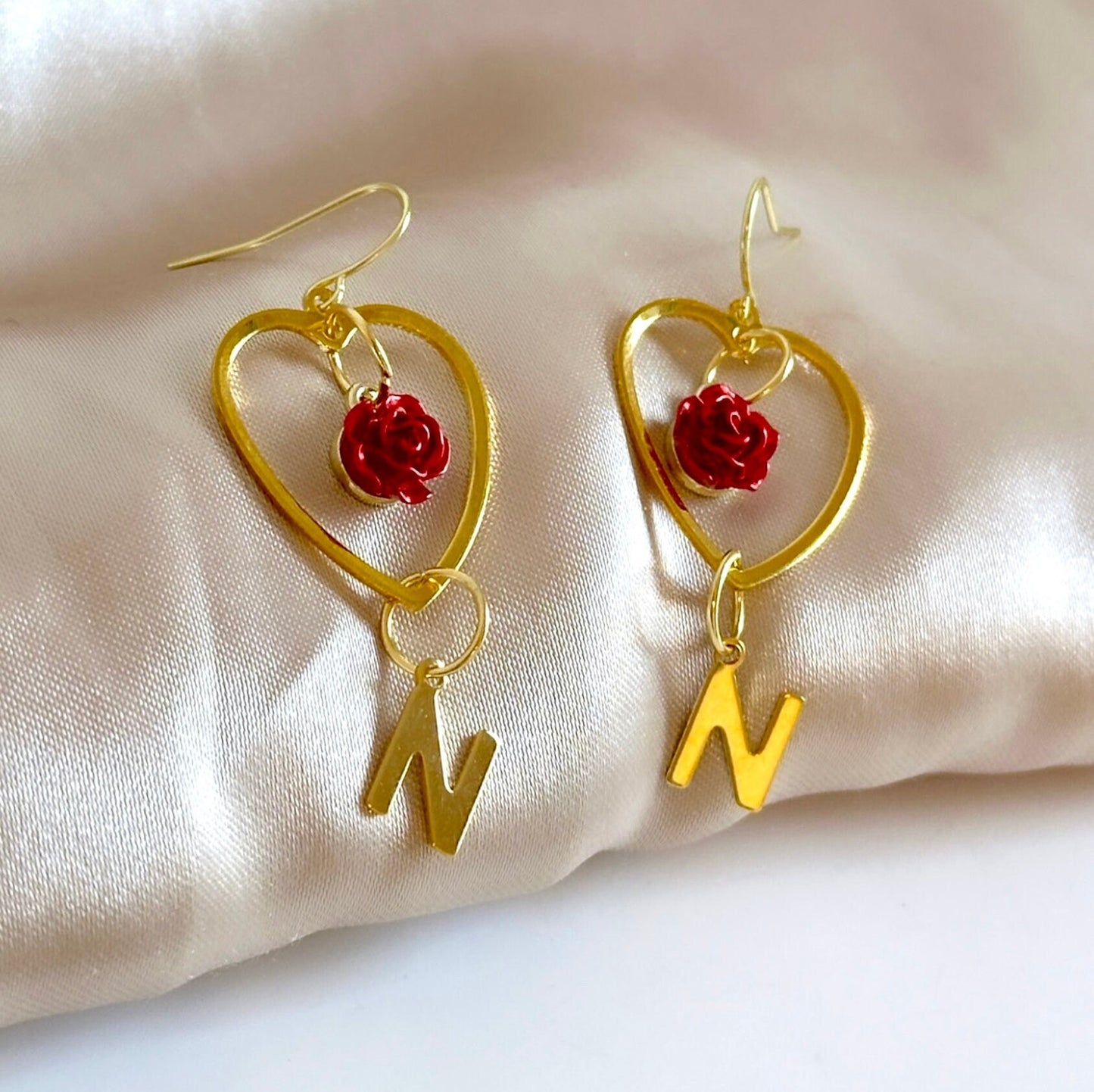 Heart Dangle Earrings, Red Rose Earrings, Gold Initial Earrings, Heart Drop Earrings, Custom Letter Earrings, Rose Dangle Earrings, Mom Gift